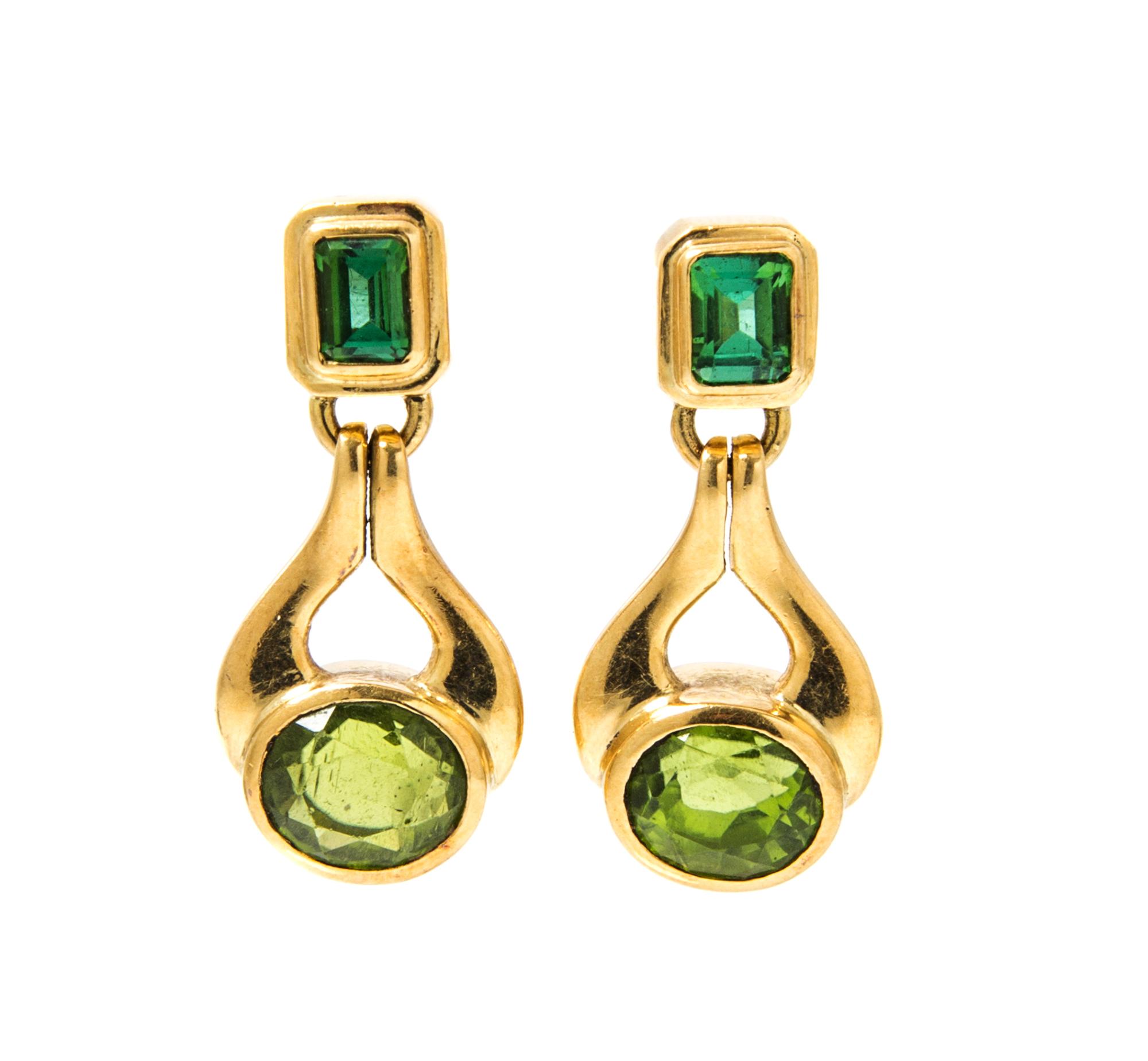 A Pair of 18 Karat Yellow Gold, Tourmaline and Peridot Earrings, Susan Berman, 9.90 dwts.