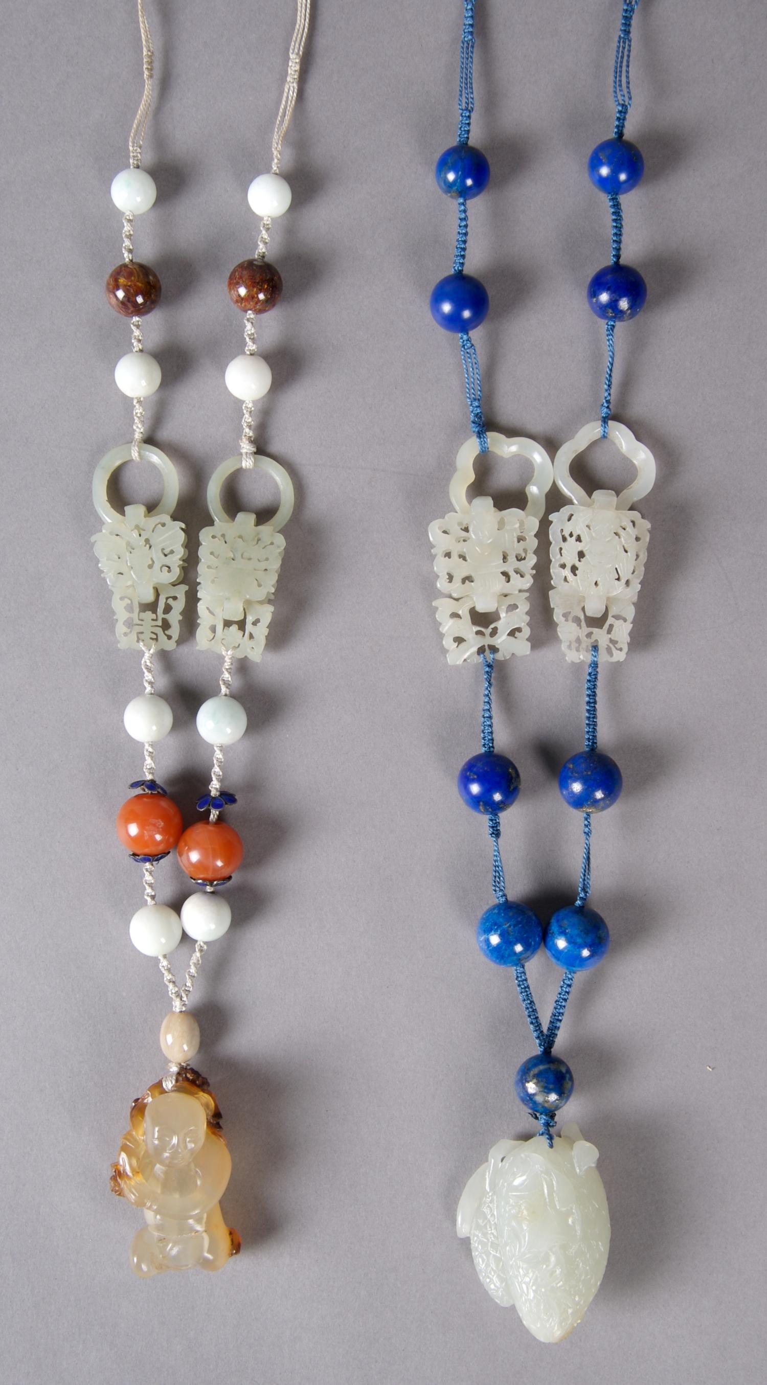 A Group of Two Jade, Lapis and Hardstone Necklaces, Length of longest 17 1/2 inches.