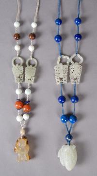 A Group of Two Jade, Lapis and Hardstone Necklaces, Length of longest 17 1/2 inches.