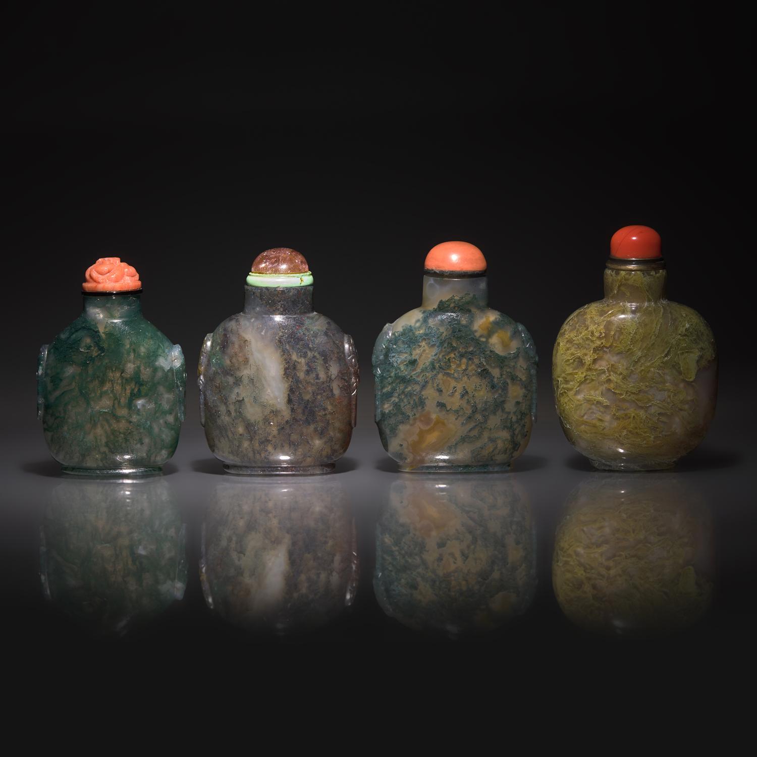 Four Chinese Moss Agate Snuff Bottles, 19th-20th Century — 清晚期 水槽瑪瑙鼻烟壺四支