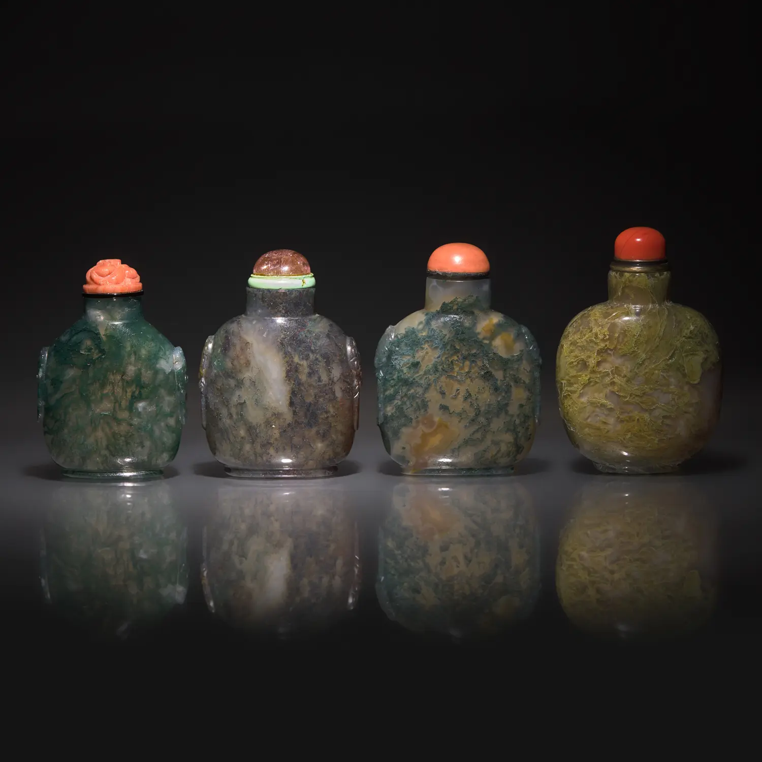 Four Chinese Moss Agate Snuff Bottles, 19th-20th Century