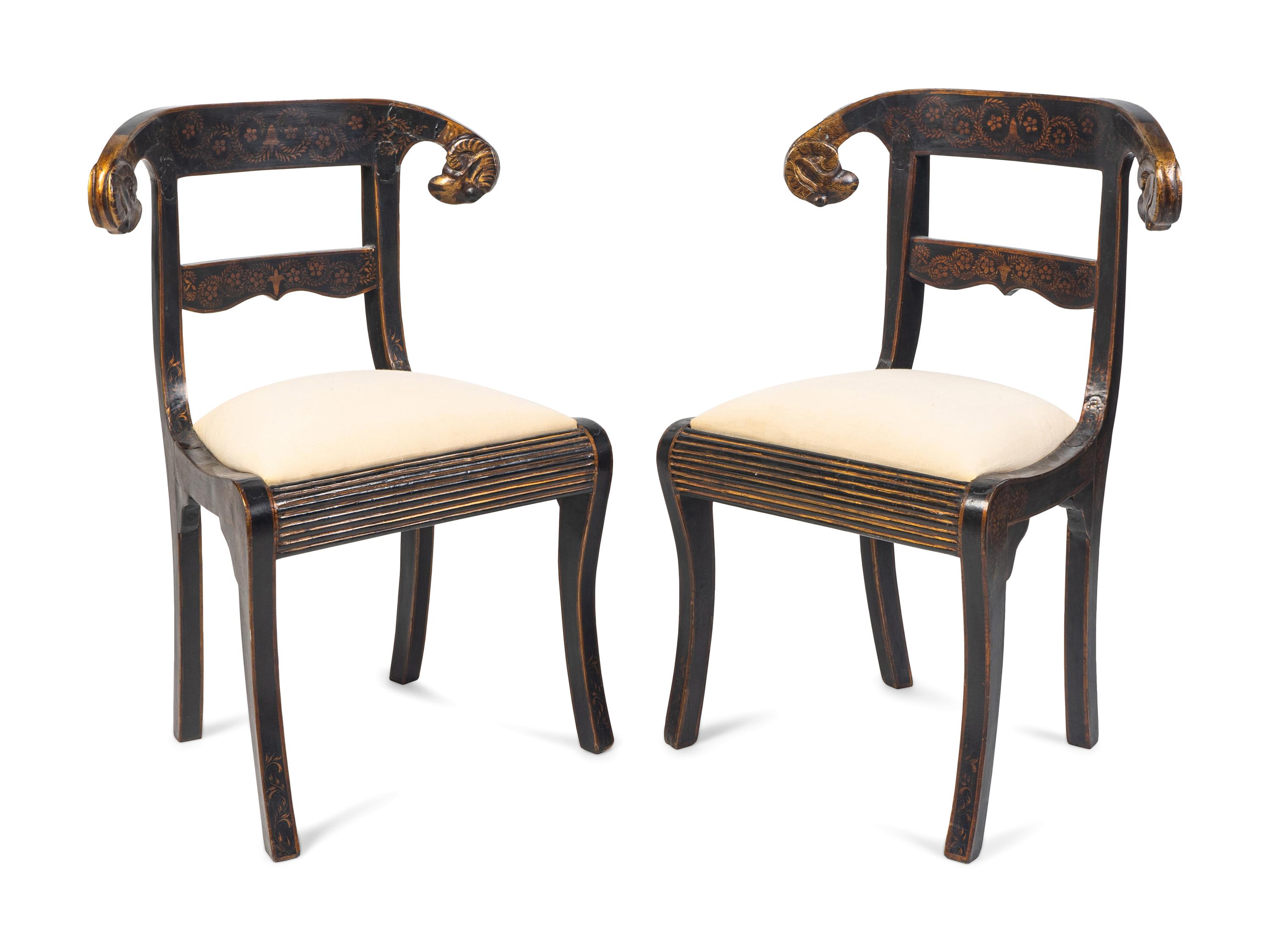 A Pair of Regency Style Gilt-Stenciled and Ebonized Side Chairs — LATE 19TH/EARLY 20TH CENTURY