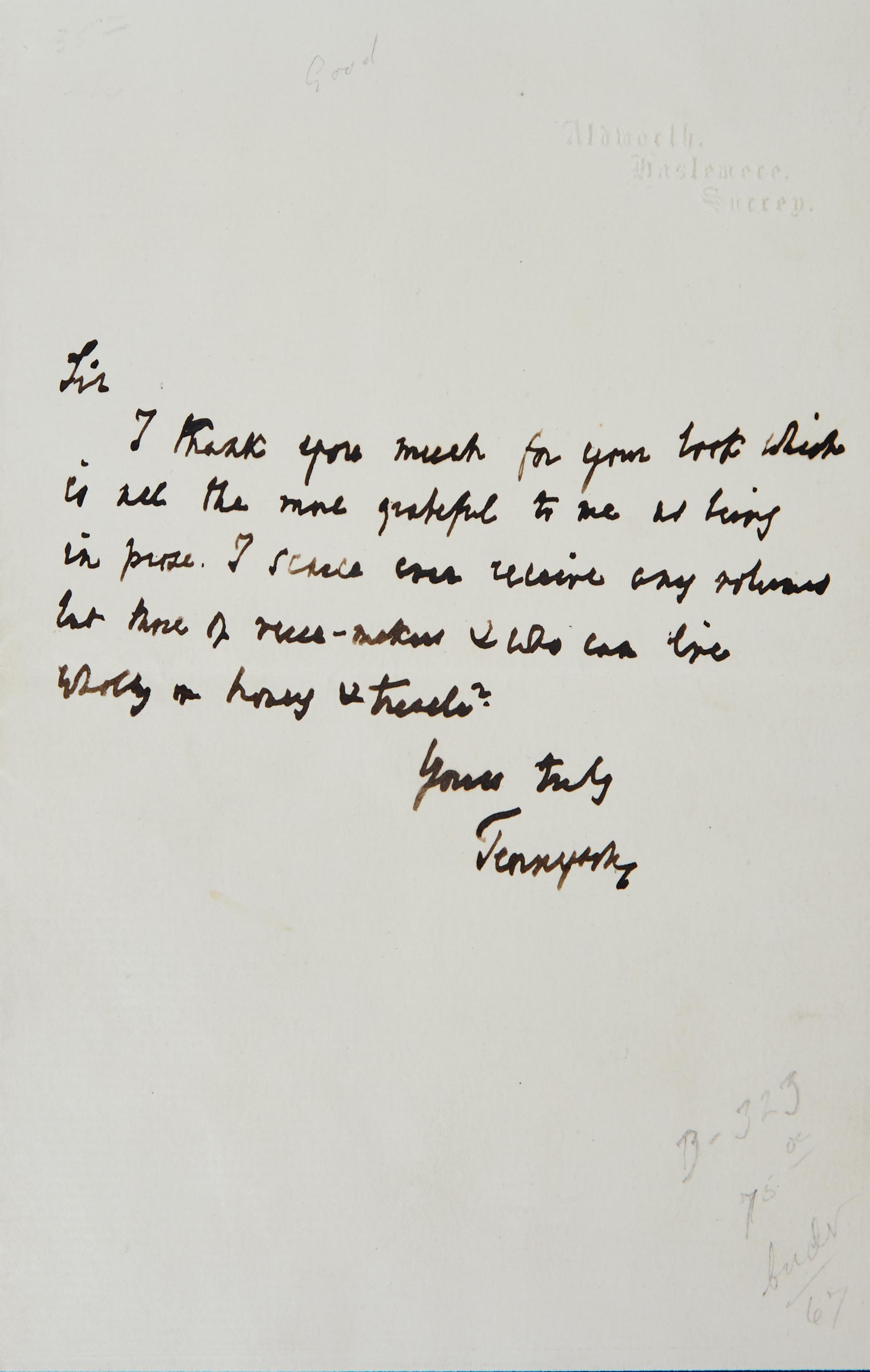 [Literature] Tennyson, Alfred, Lord. Autograph Letter, signed
