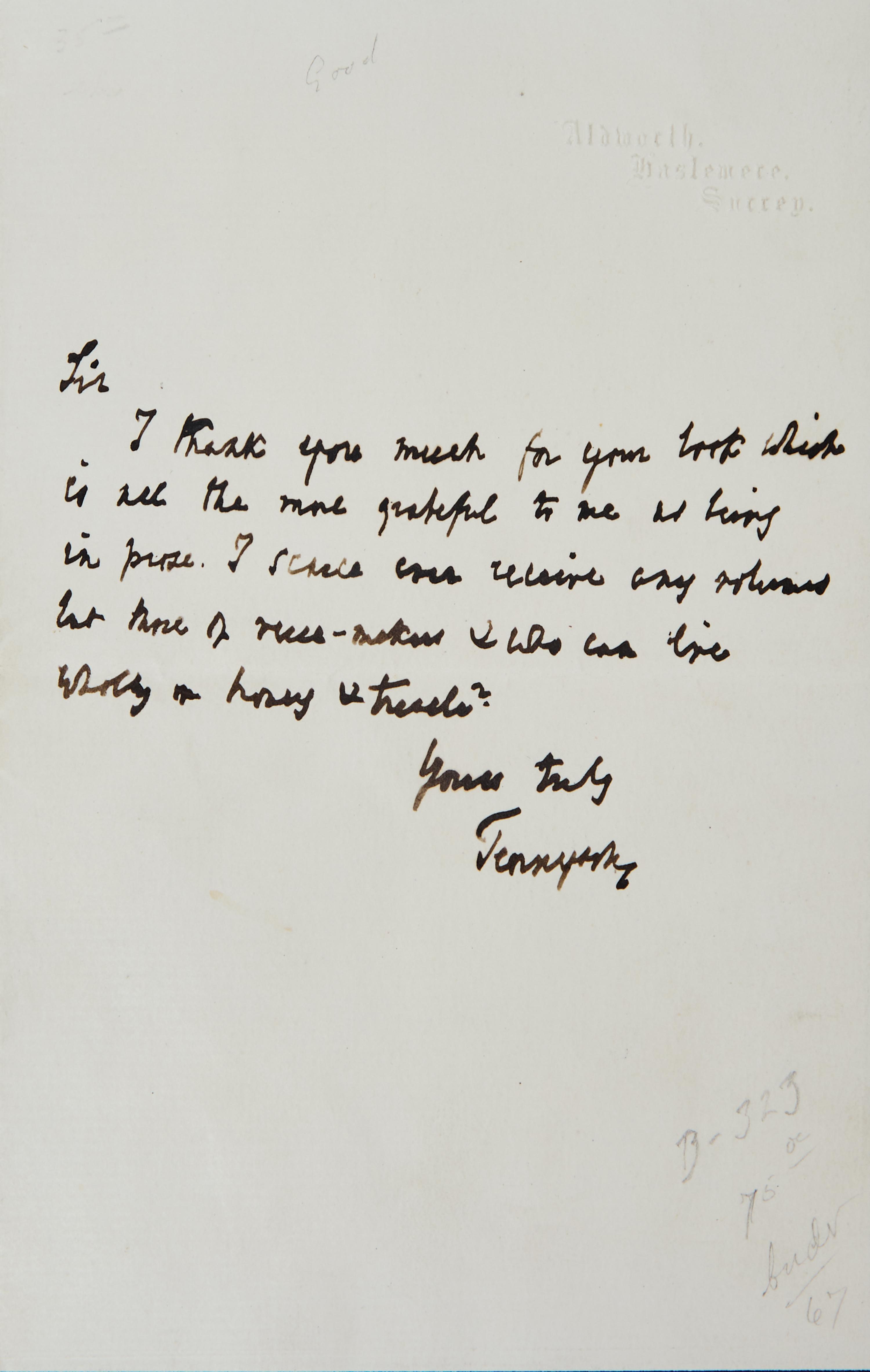 [Literature] Tennyson, Alfred, Lord. Autograph Letter, signed