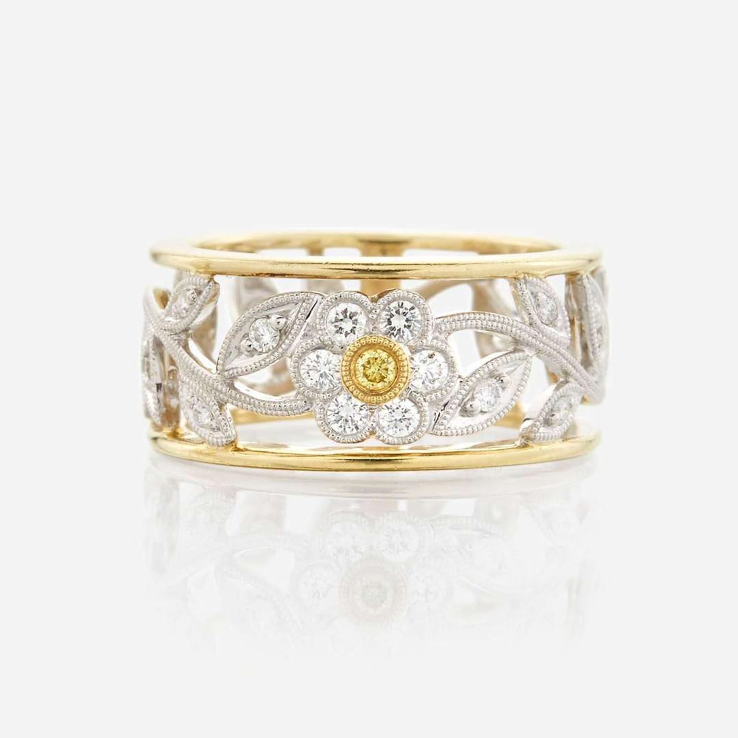 A bicolor gold, diamond, and colored diamond pendant with matching ring, Simon G