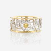 A bicolor gold, diamond, and colored diamond pendant with matching ring, Simon G