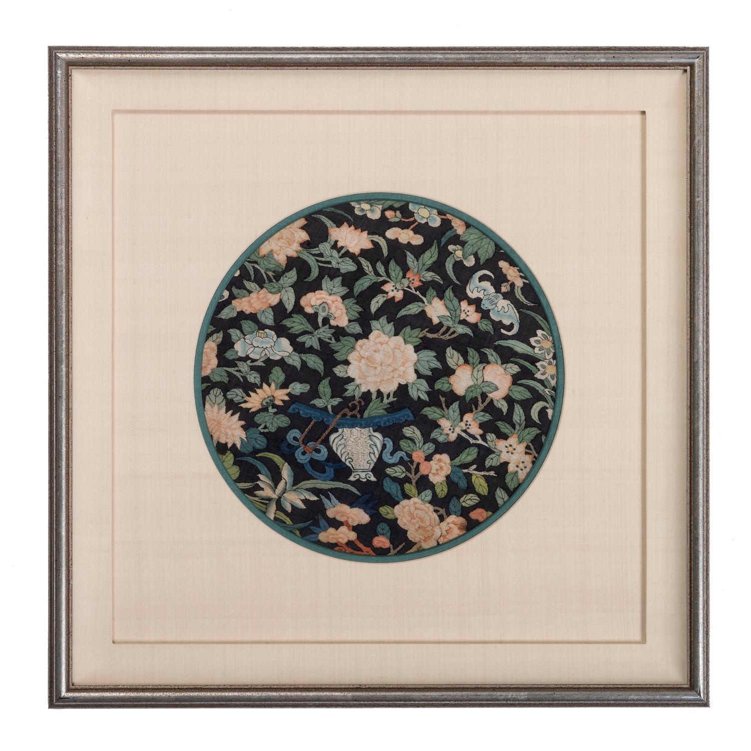 Four Blue Ground Kesi Woven Silk Circular Panels