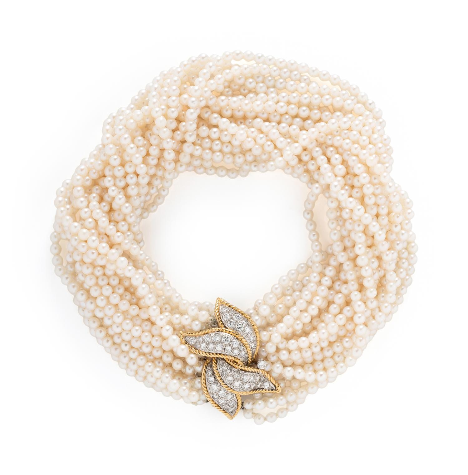 BICOLOR GOLD, PEARL, AND DIAMOND TORSADE BRACELET