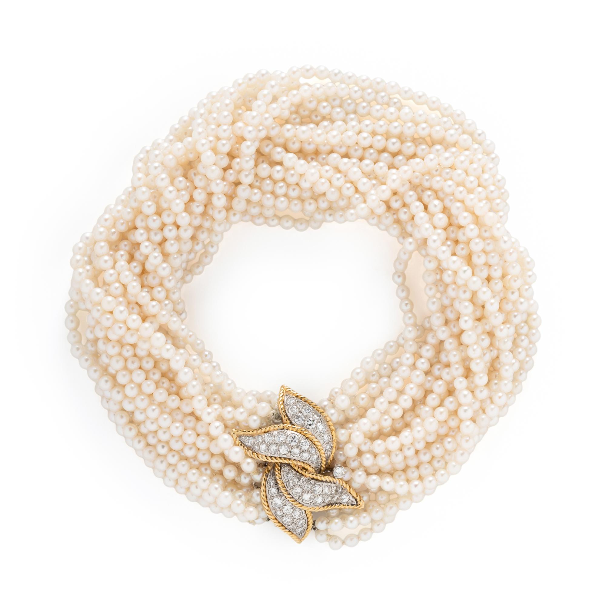 BICOLOR GOLD, PEARL, AND DIAMOND TORSADE BRACELET