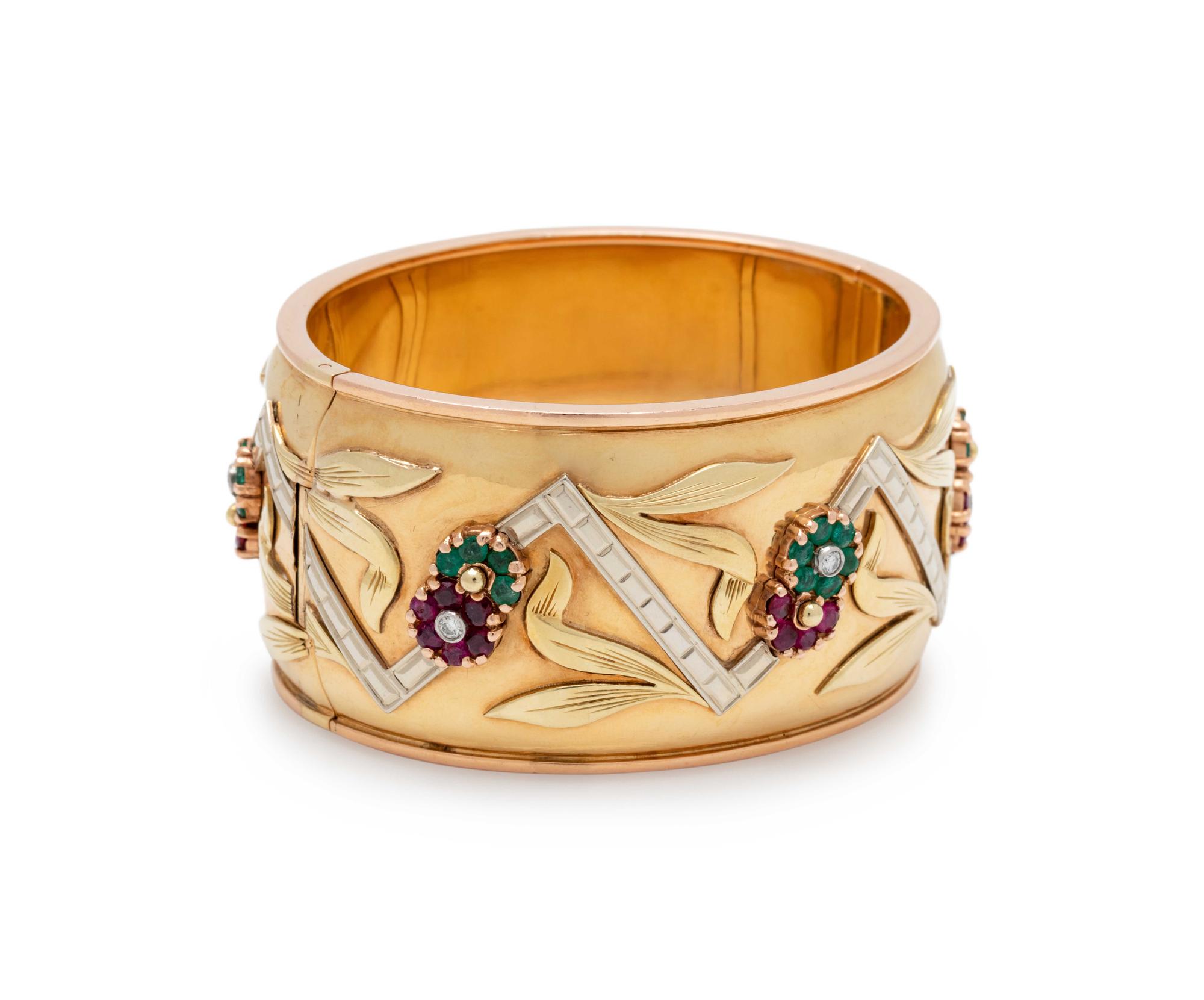 TRICOLOR GOLD, RUBY, EMERALD AND DIAMOND BANGLE BRACELET