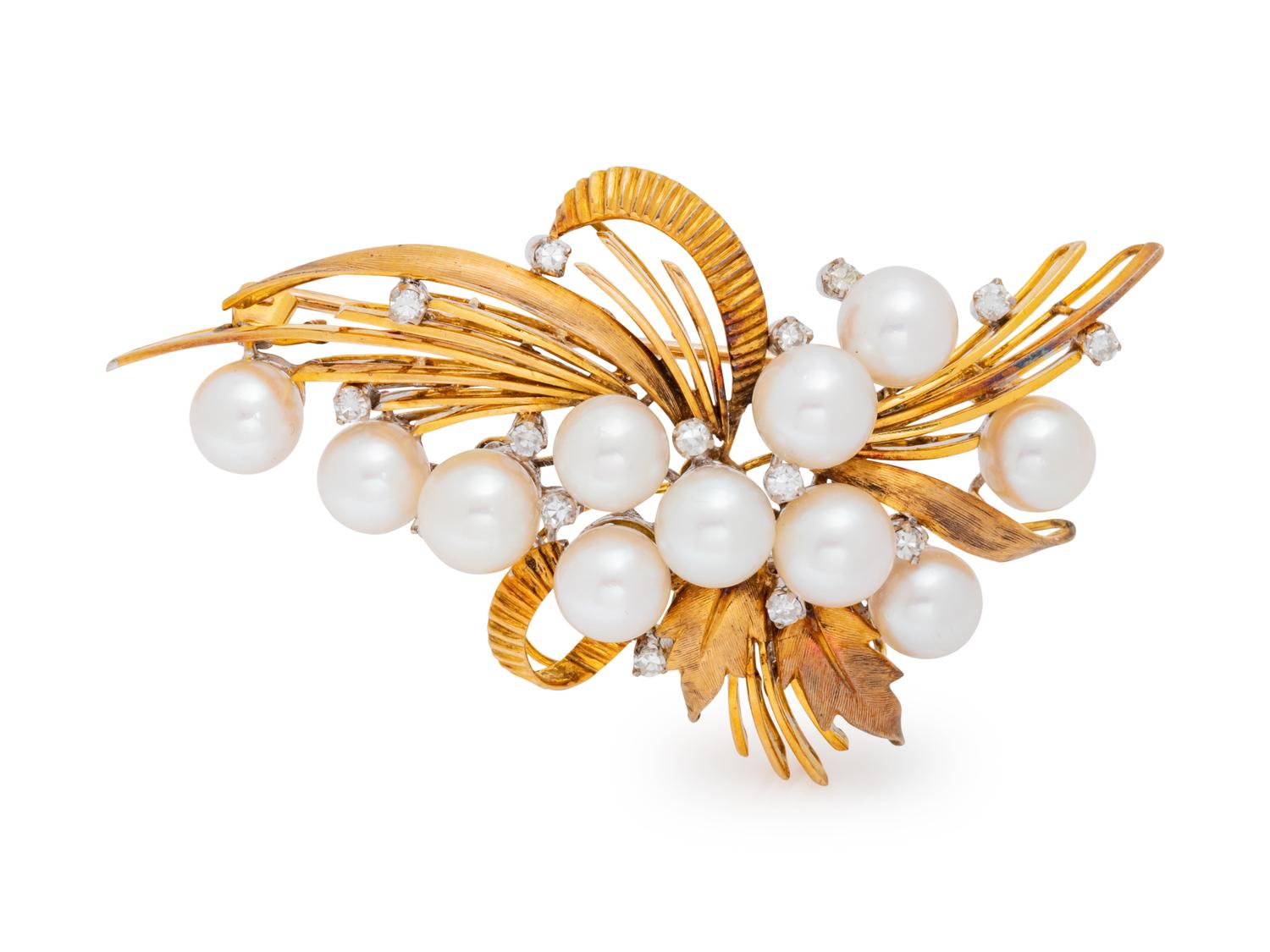 An 18 Karat Yellow Gold, Platinum, Cultured Pearl and Diamond Brooch,