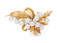 An 18 Karat Yellow Gold, Platinum, Cultured Pearl and Diamond Brooch,