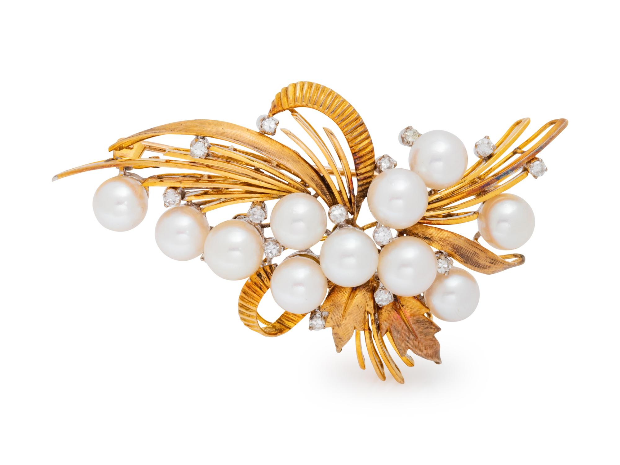 An 18 Karat Yellow Gold, Platinum, Cultured Pearl and Diamond Brooch,