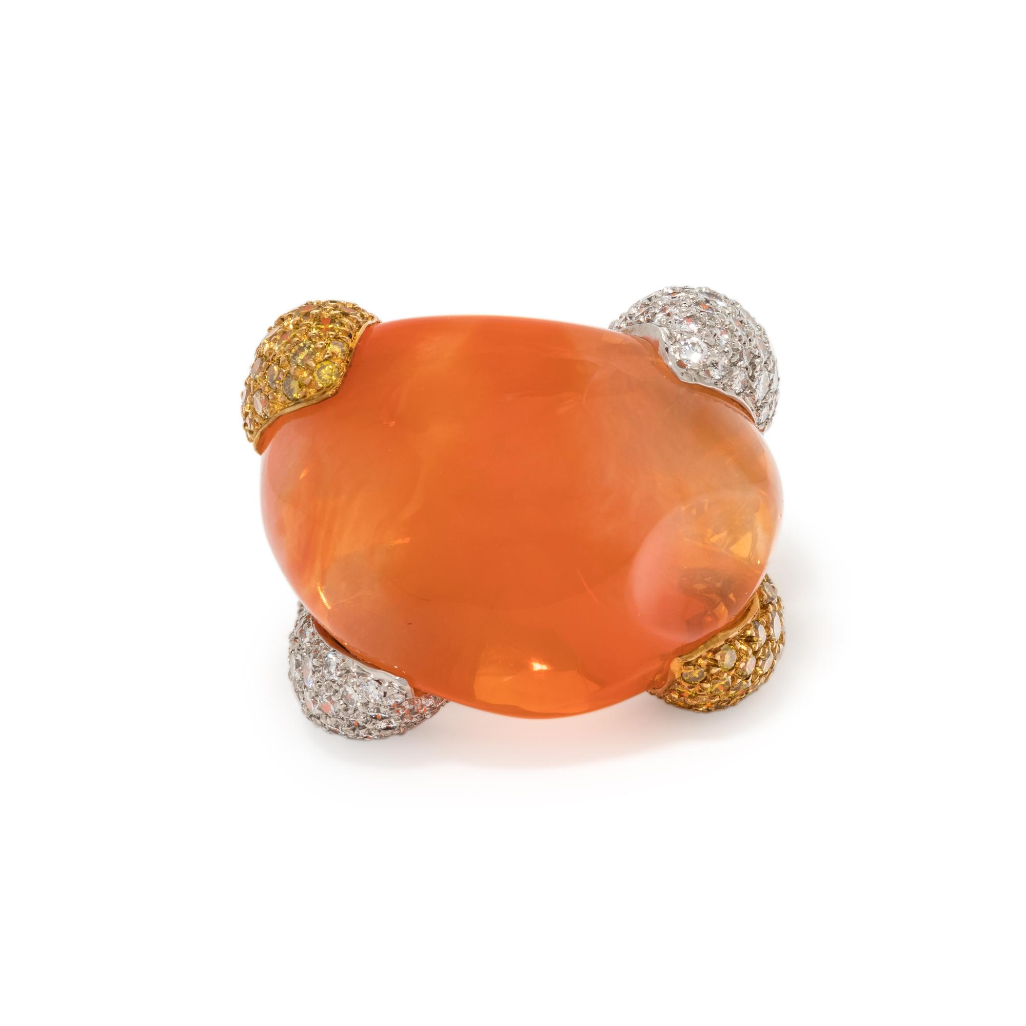 FIRE OPAL, COLORED DIAMOND AND DIAMOND RING