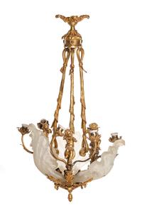A Louis XV Style Gilt Bronze and Frosted Glass Nine-Light Ceiling Fixture