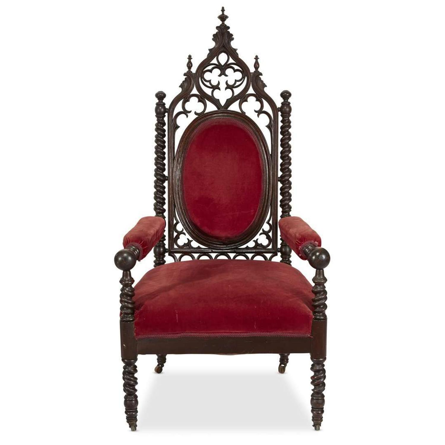Gothic Revival carved and turned walnut armchair mid-19th century