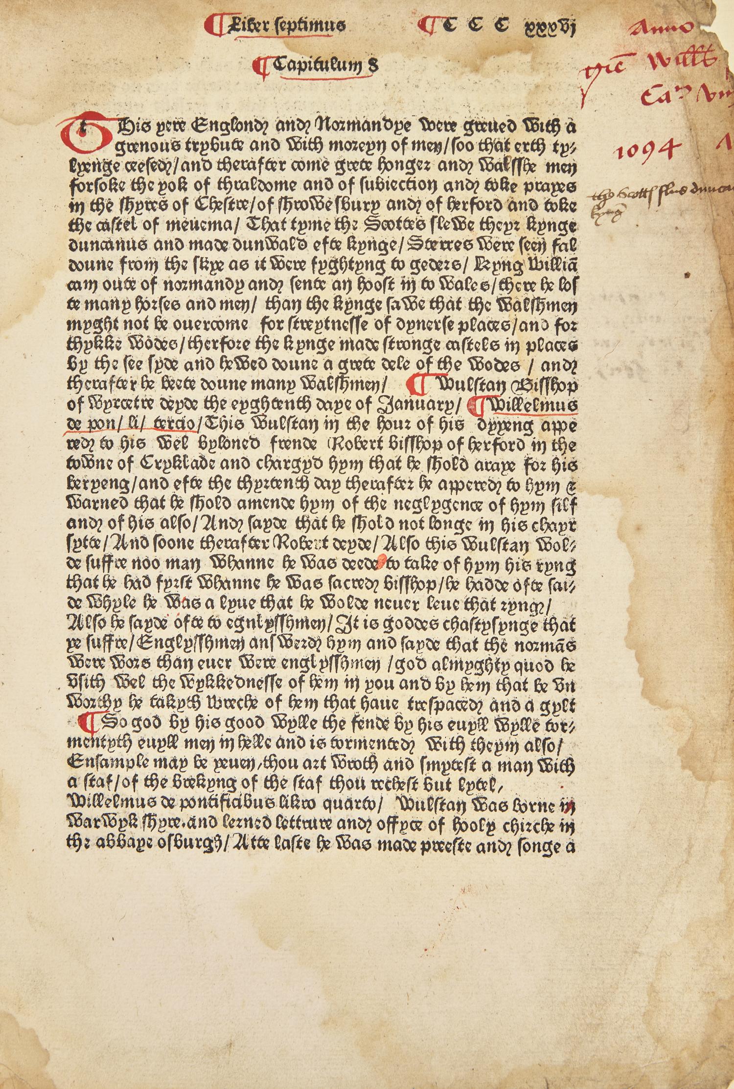 [Incunabula] [Caxton, William] (Higden, Ralph). An Original Leaf From Caxton's 1482 "Polychronicon"