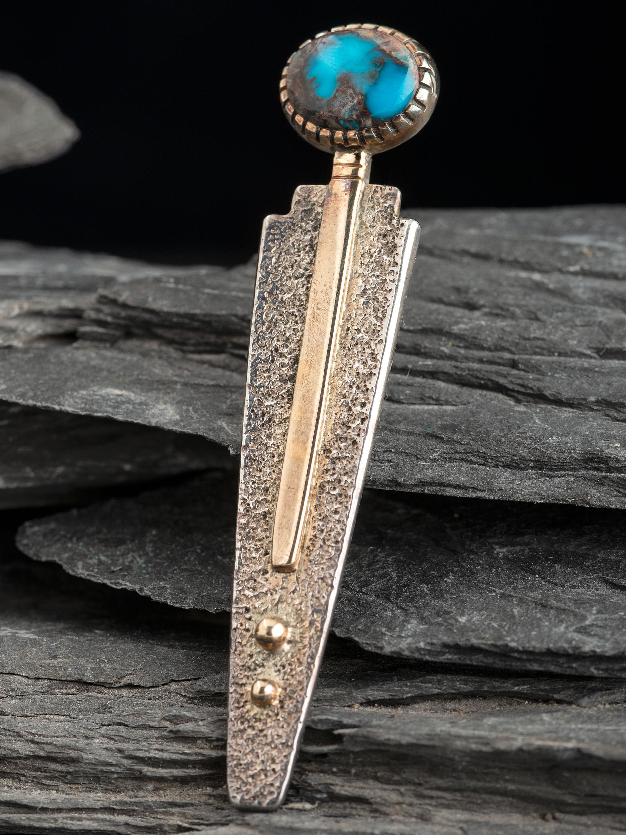 Bisbee Turquoise and Silver Corn Maiden Pin, with 14K Gold Accents