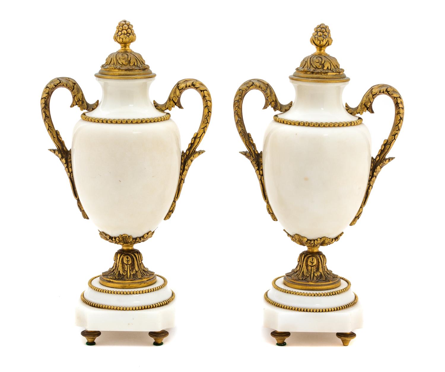 A Pair of Gilt Bronze and White Marble Cassolettes Height 13 x width 7 x depth 4 1/2 inches. — 19TH CENTURY
