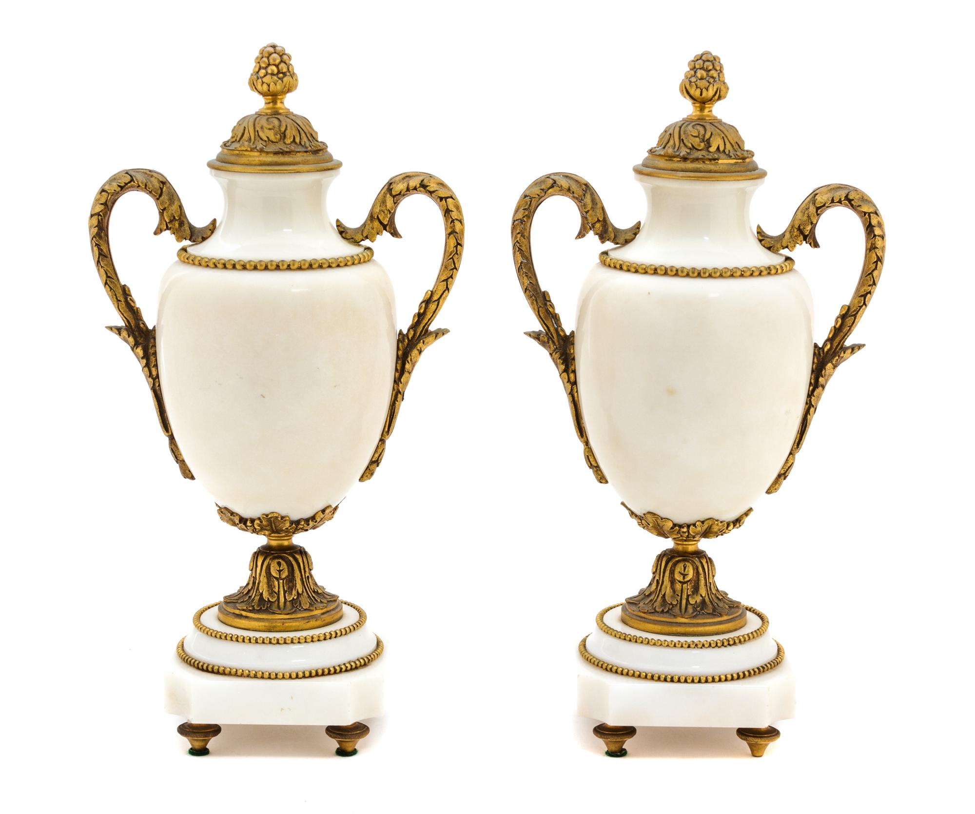 A Pair of Gilt Bronze and White Marble Cassolettes Height 13 x width 7 x depth 4 1/2 inches. — 19TH CENTURY