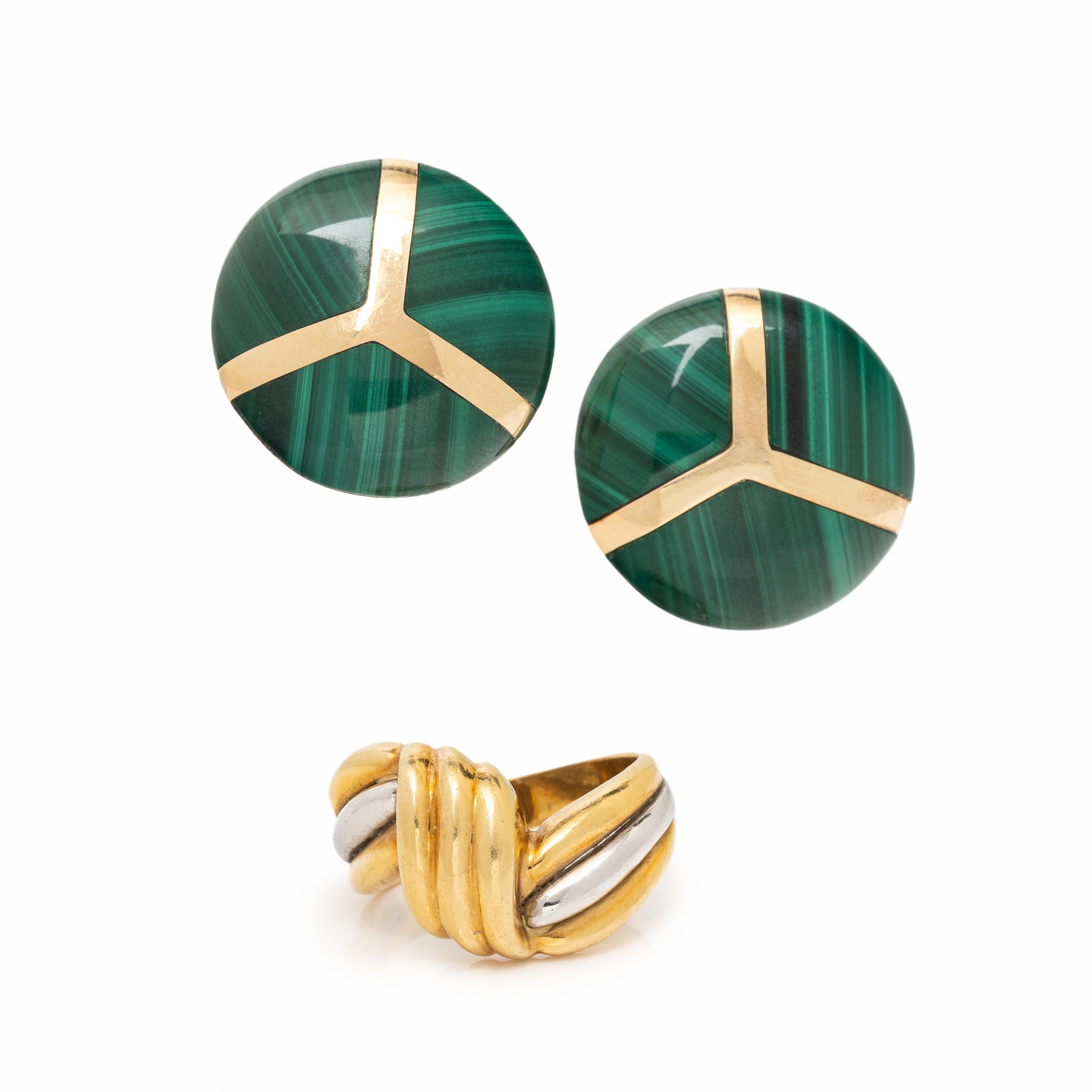 Malachite Earrings and Bicolor Gold Ring