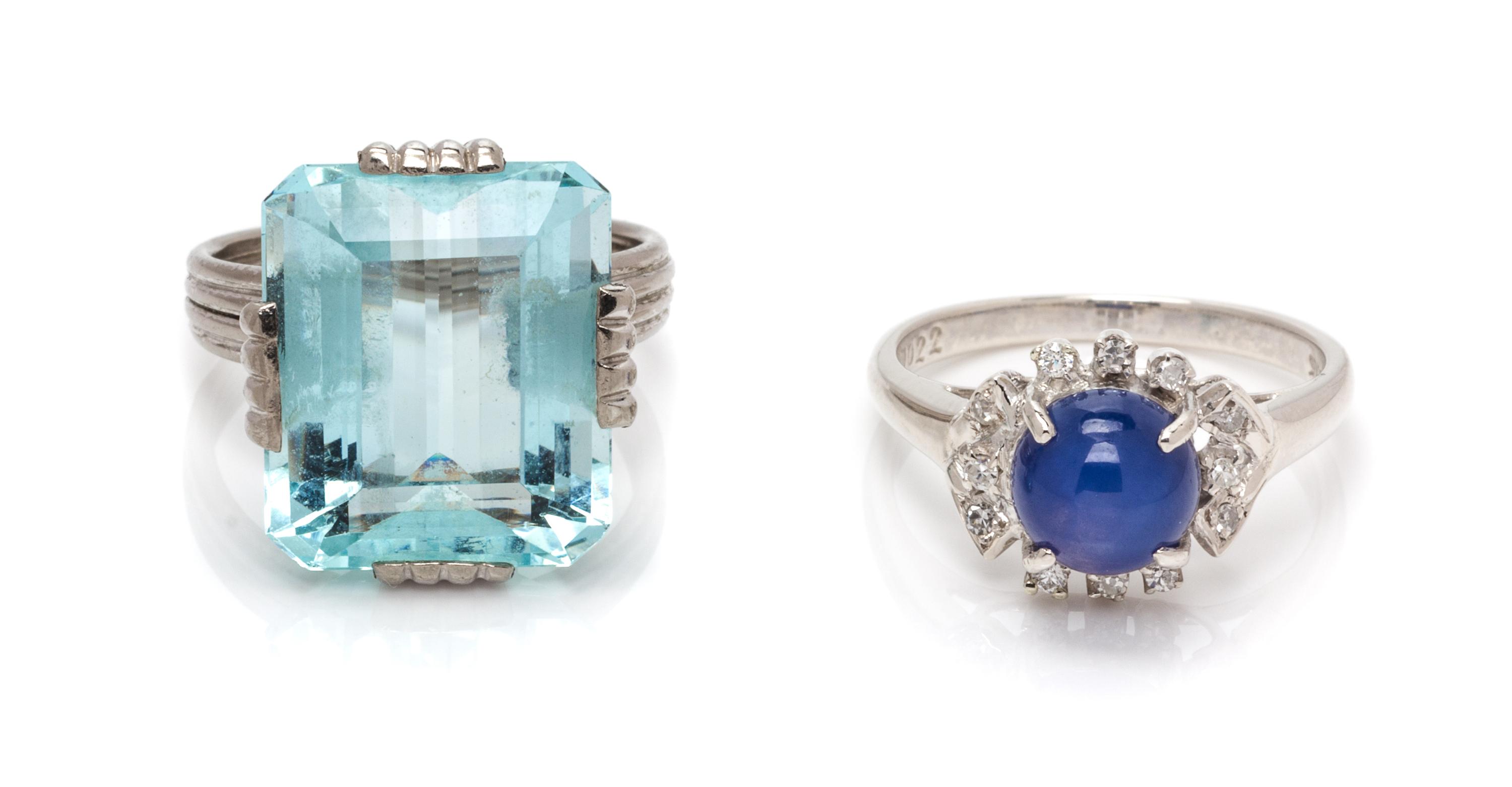 A Collection of 18 Karat White Gold and Gemstone Rings, 7.60 dwts.