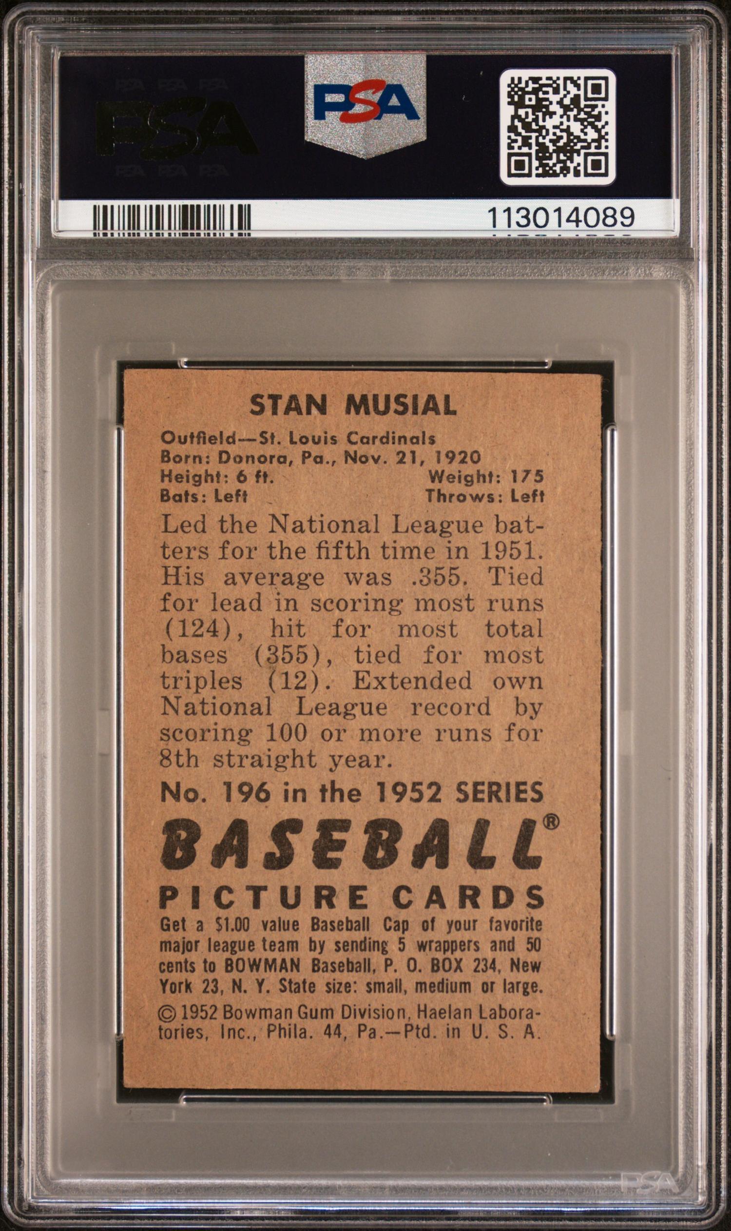 A 1952 Bowman Stan Musial Signed Autograph Baseball Card No. 196 (PSA Authentic)
