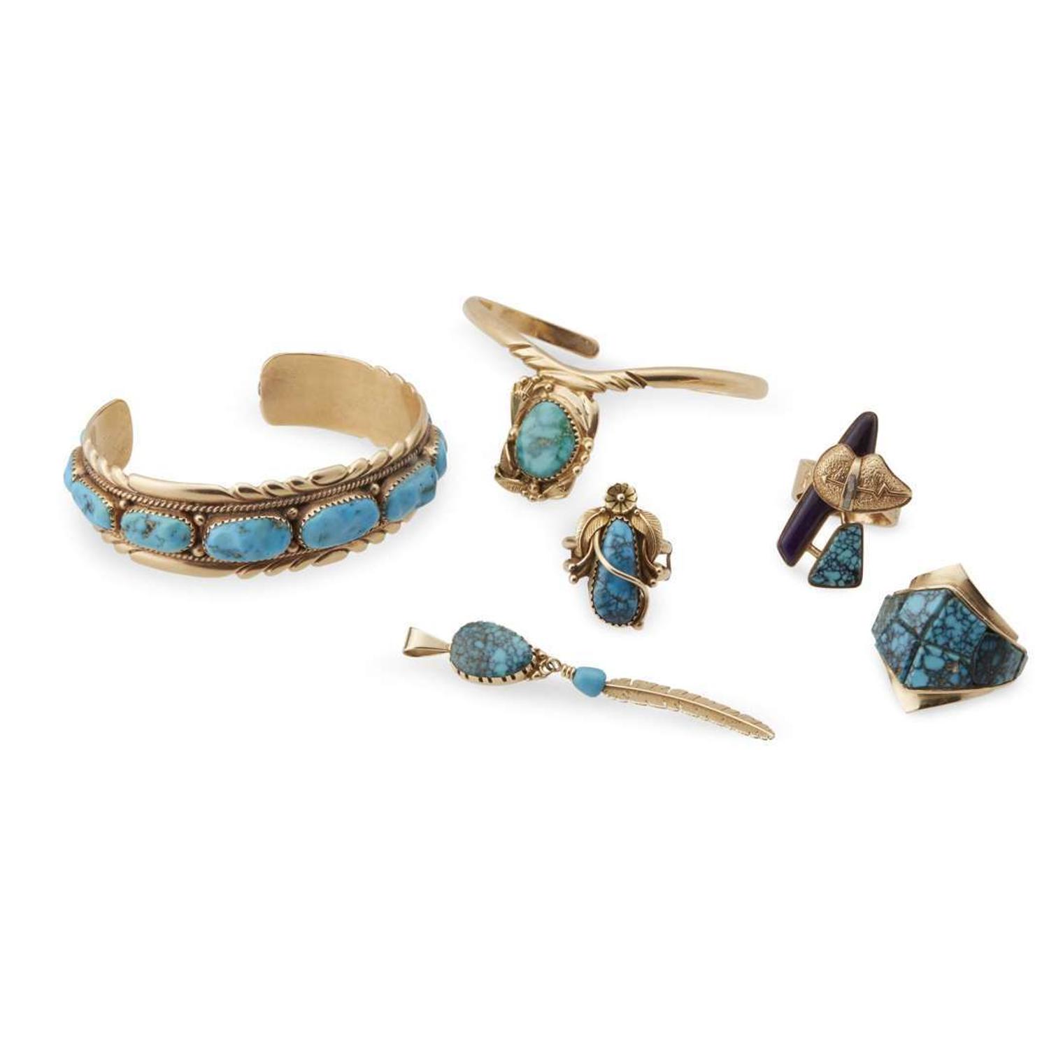 Group of six Southwest gold and gold tone and turquoise jewelry items Various makers, 20th century