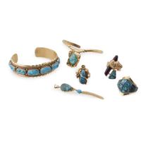 Group of six Southwest gold and gold tone and turquoise jewelry items Various makers, 20th century