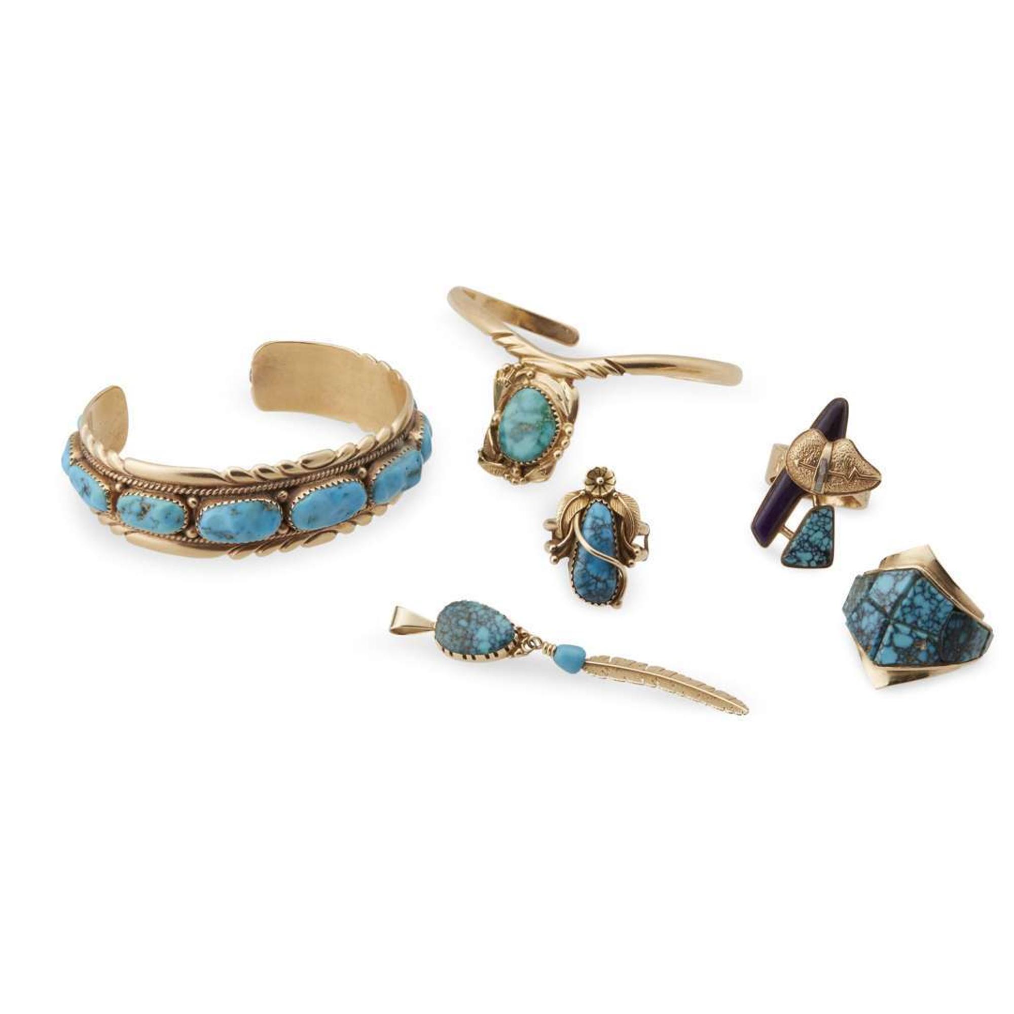 Group of six Southwest gold and gold tone and turquoise jewelry items Various makers, 20th century