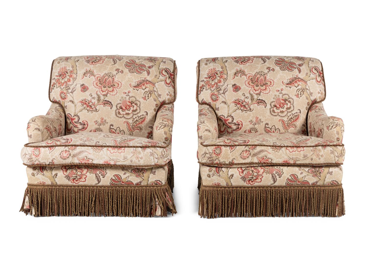 A Pair of Contemporary Bridgewater Style Lounge Chairs with Bullion Fringe