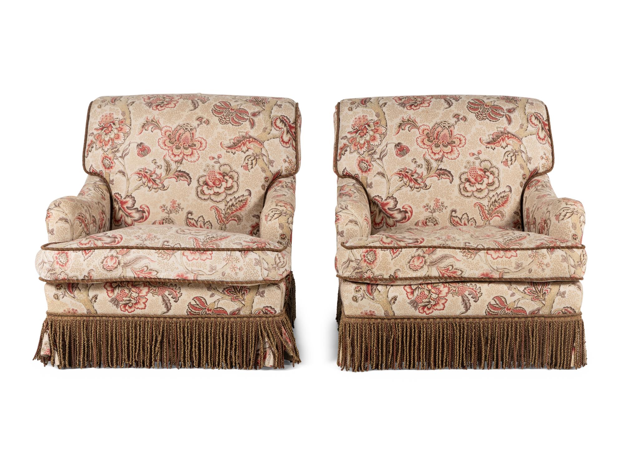 A Pair of Contemporary Bridgewater Style Lounge Chairs with Bullion Fringe