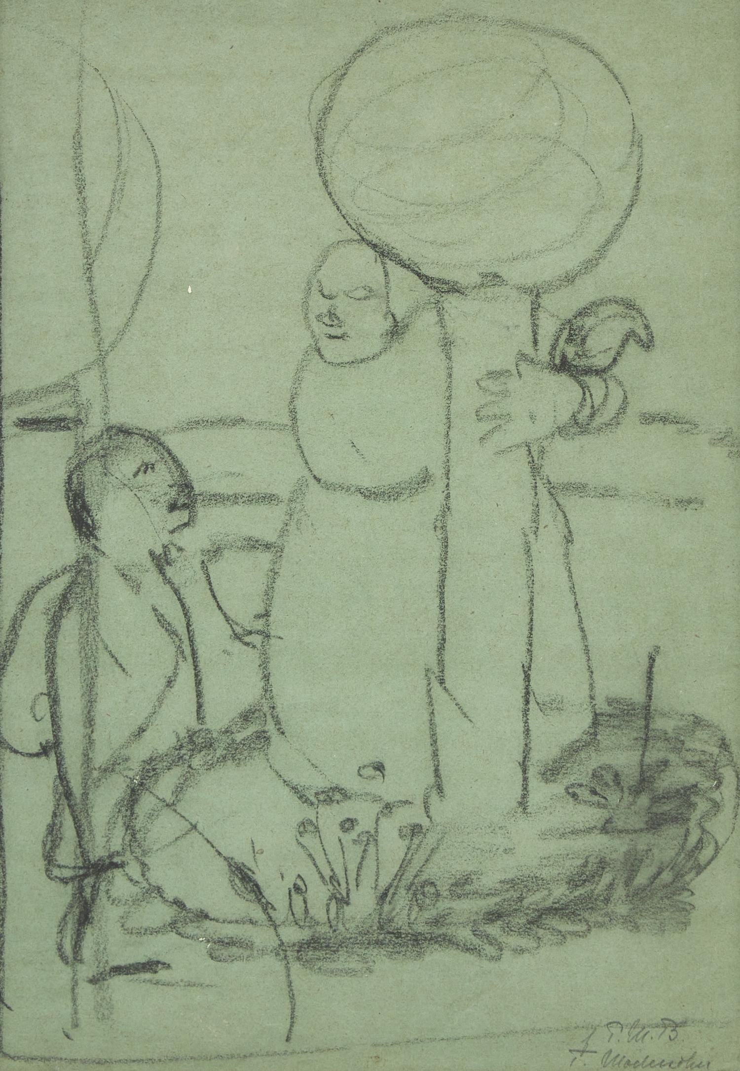 Stehende Armenhaüslerin und Kind zwischen zwei Glaskugeln auf Stangen (Standing Poor Woman and Child between Two Glass Balls on Poles), 1907