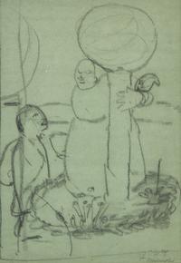 Stehende Armenhaüslerin und Kind zwischen zwei Glaskugeln auf Stangen (Standing Poor Woman and Child between Two Glass Balls on Poles), 1907