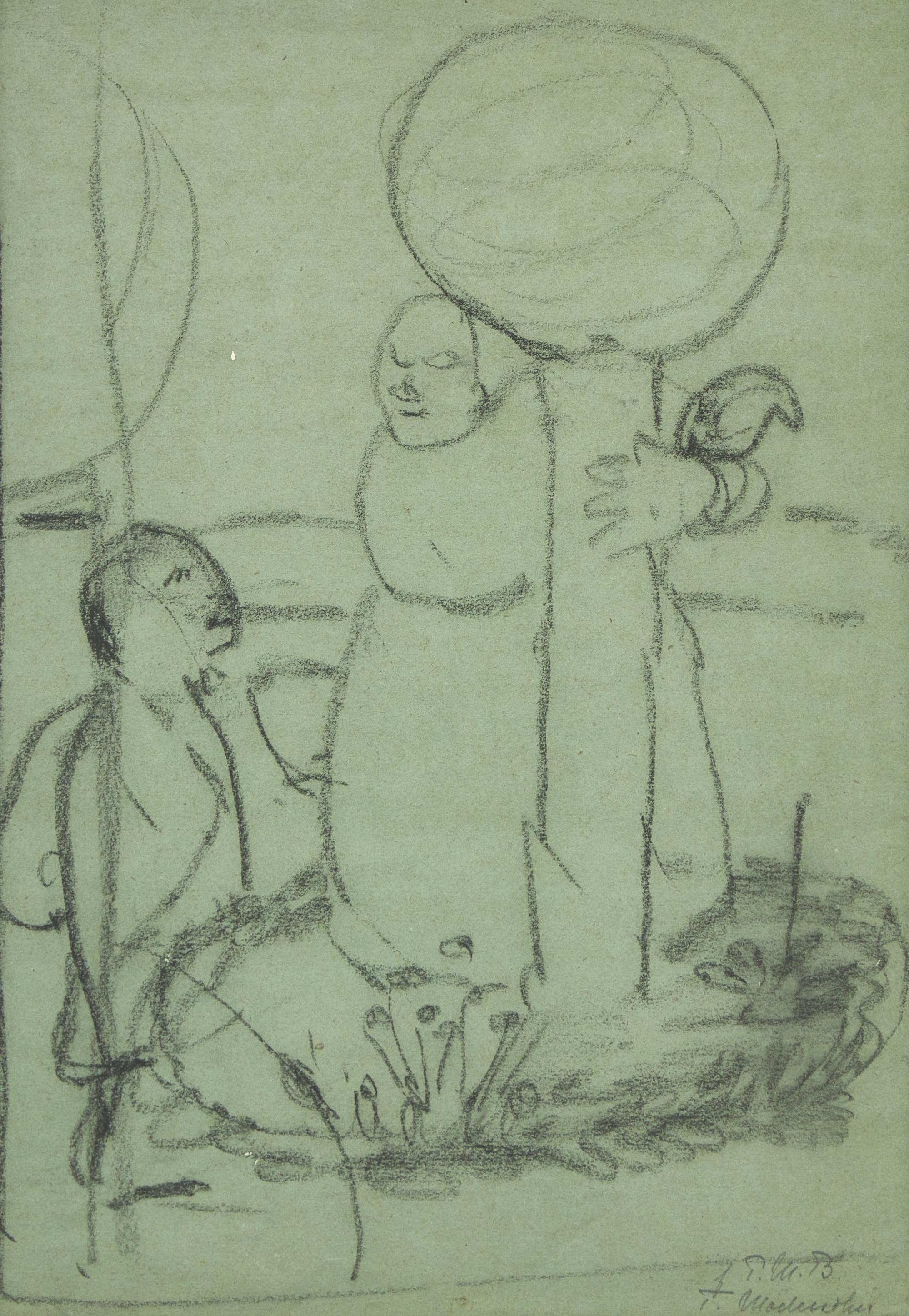 Stehende Armenhaüslerin und Kind zwischen zwei Glaskugeln auf Stangen (Standing Poor Woman and Child between Two Glass Balls on Poles), 1907