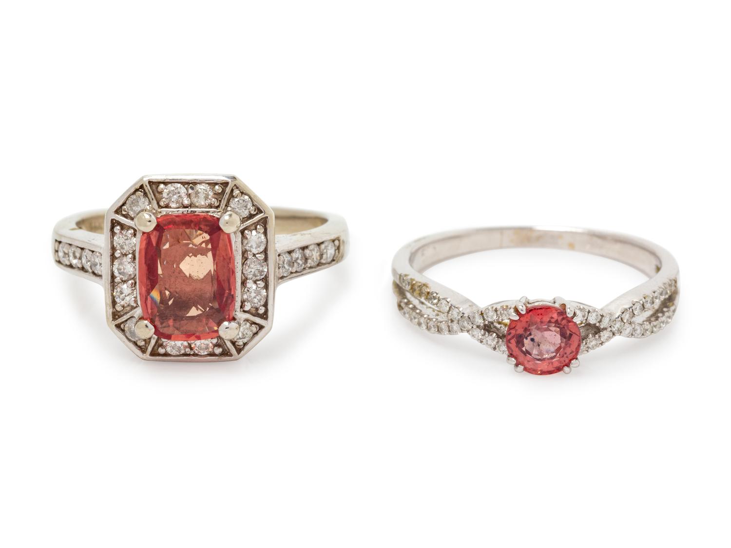 A Collection of 14 Karat White Gold, Orange Gemstone and Diamond Rings,