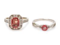 A Collection of 14 Karat White Gold, Orange Gemstone and Diamond Rings,
