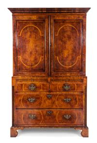 A George II Style Burr Walnut Linen Press Height 86 x width 51 x depth 21 inches.