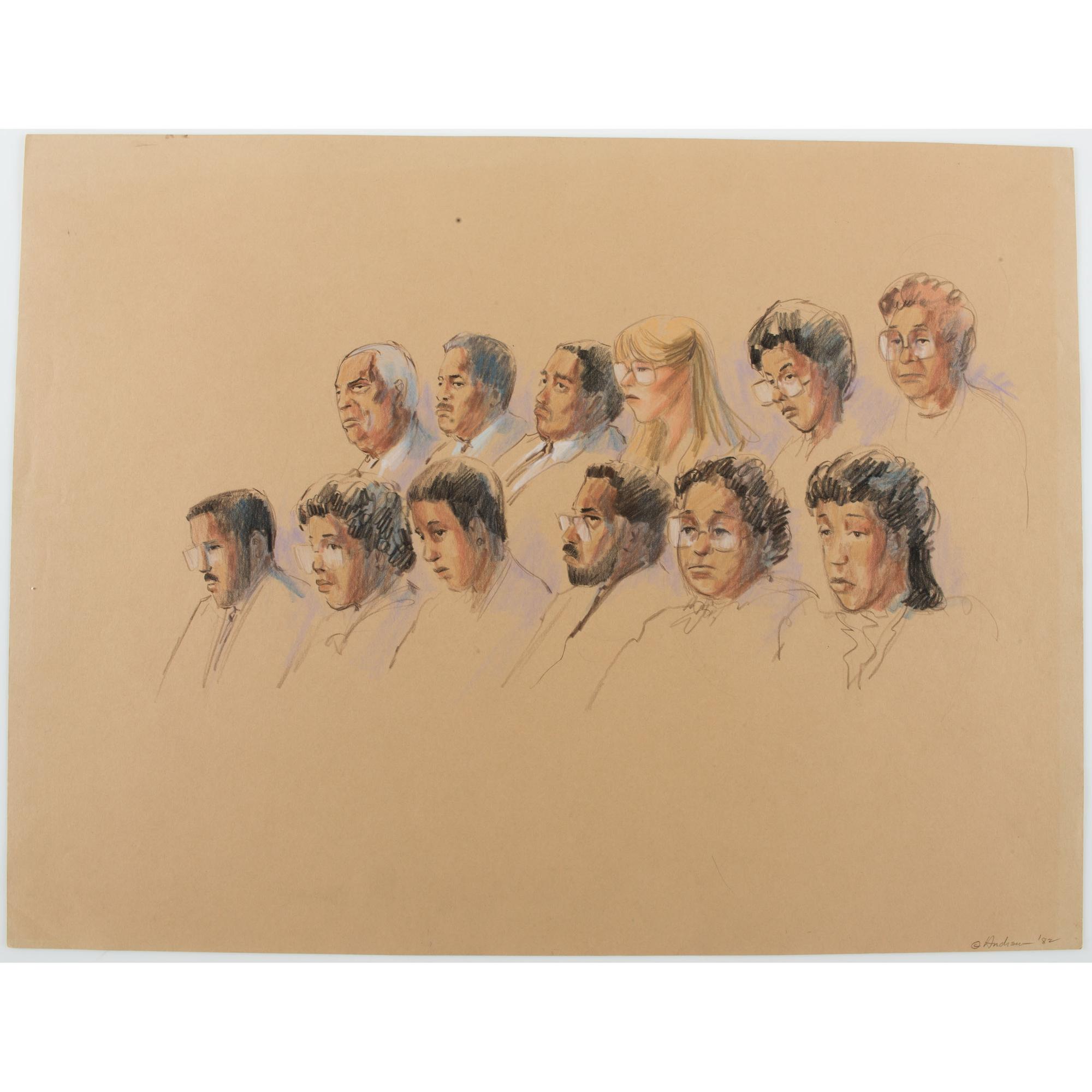 Joan Andrew, Washington Post and CNN Sketch Artist, 24 Original Sketches Documenting the Trial of John Hinckley, Jr., For his Attempted Assassination of Ronald Reagan