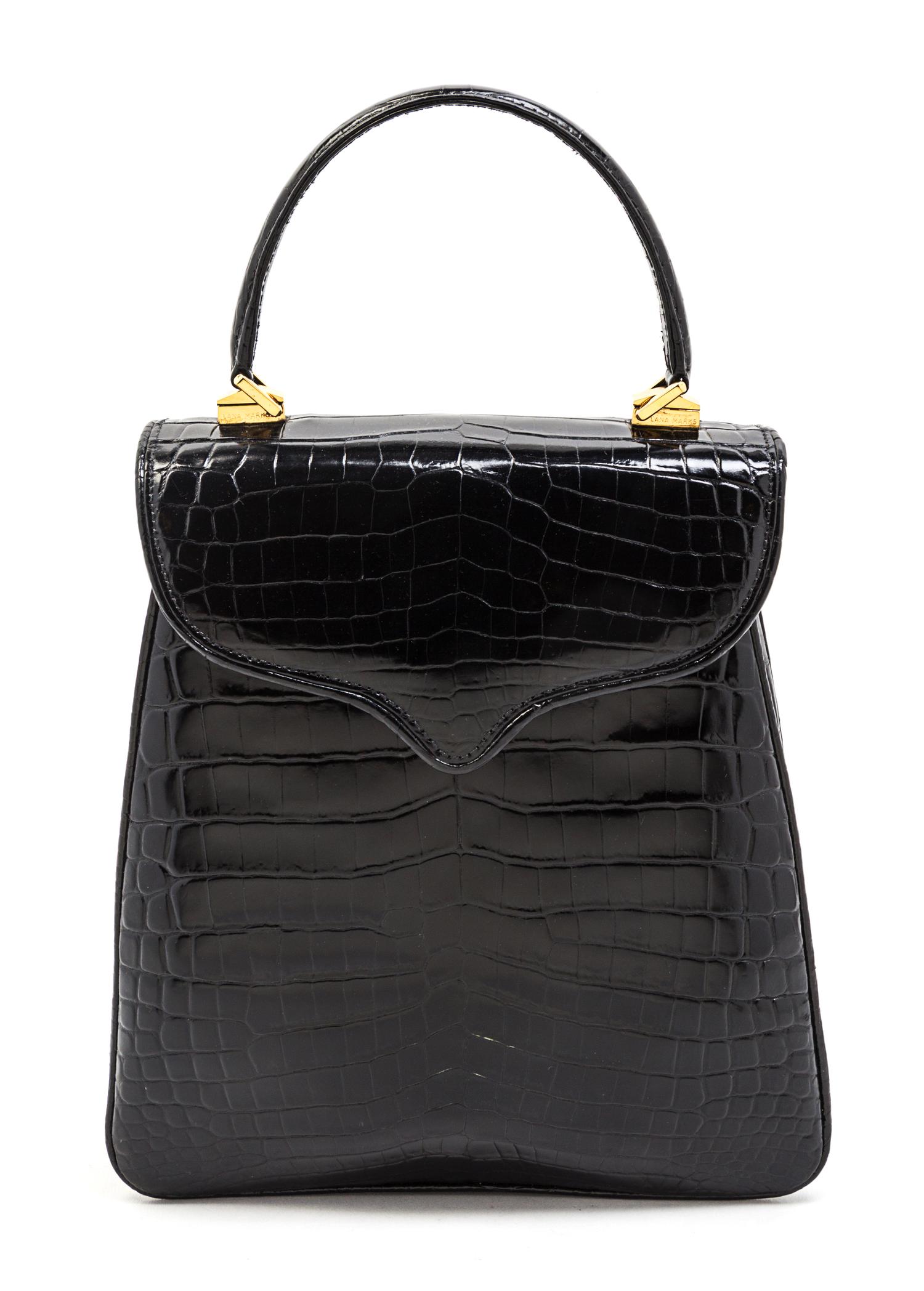 A Lana Marks Black Alligator Bag, 9 x 8 1/2 x 3 inches.