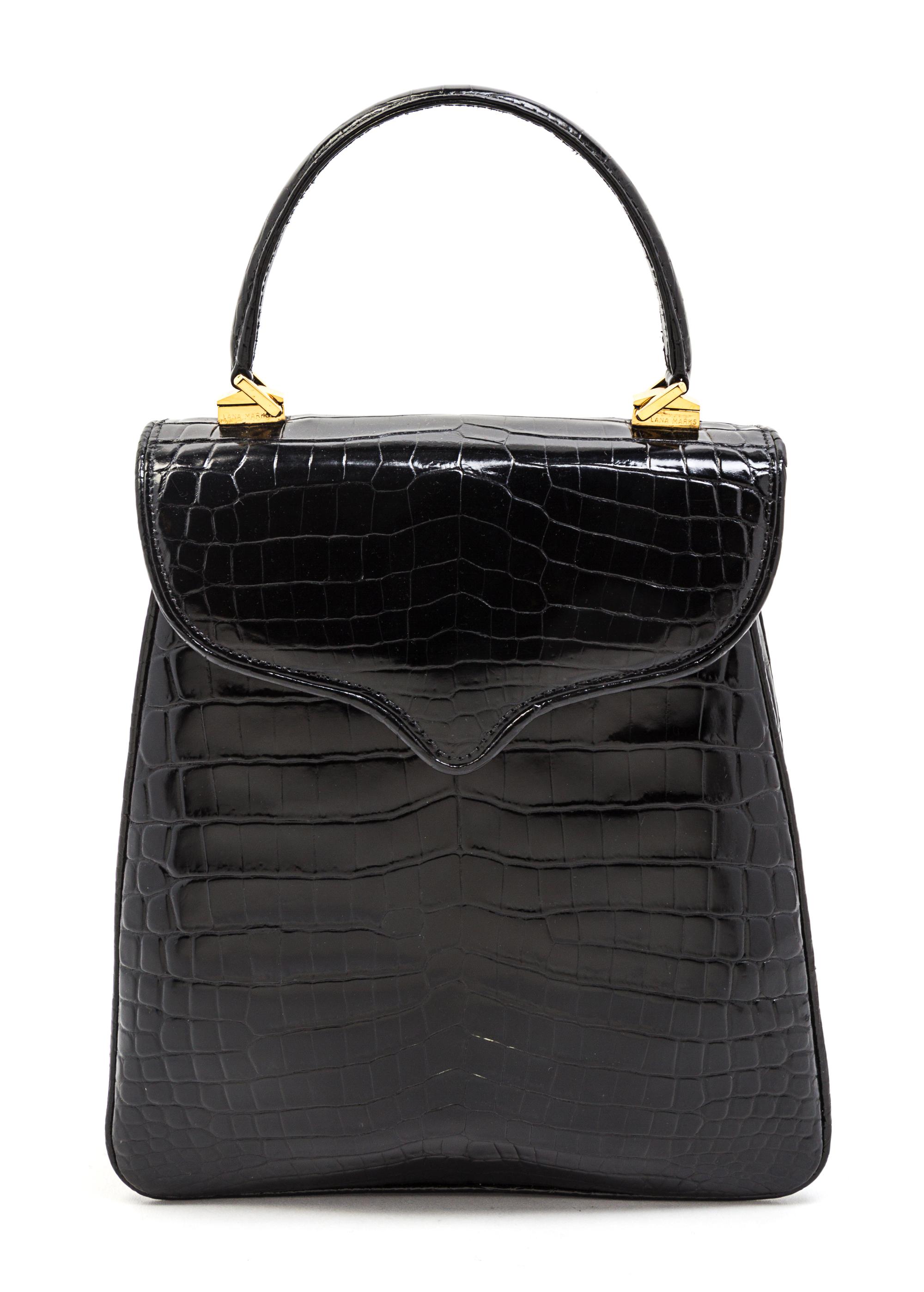 A Lana Marks Black Alligator Bag, 9 x 8 1/2 x 3 inches.