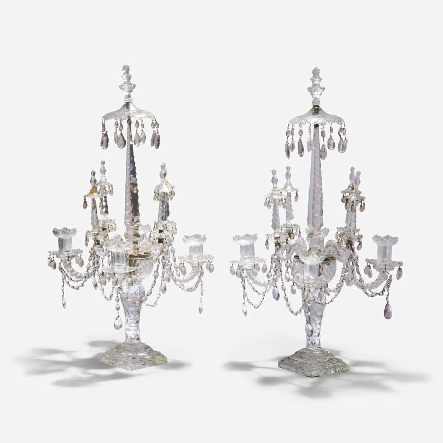 A pair of elaborate Georgian cut-glass four-light candelabra 18th or 19th century