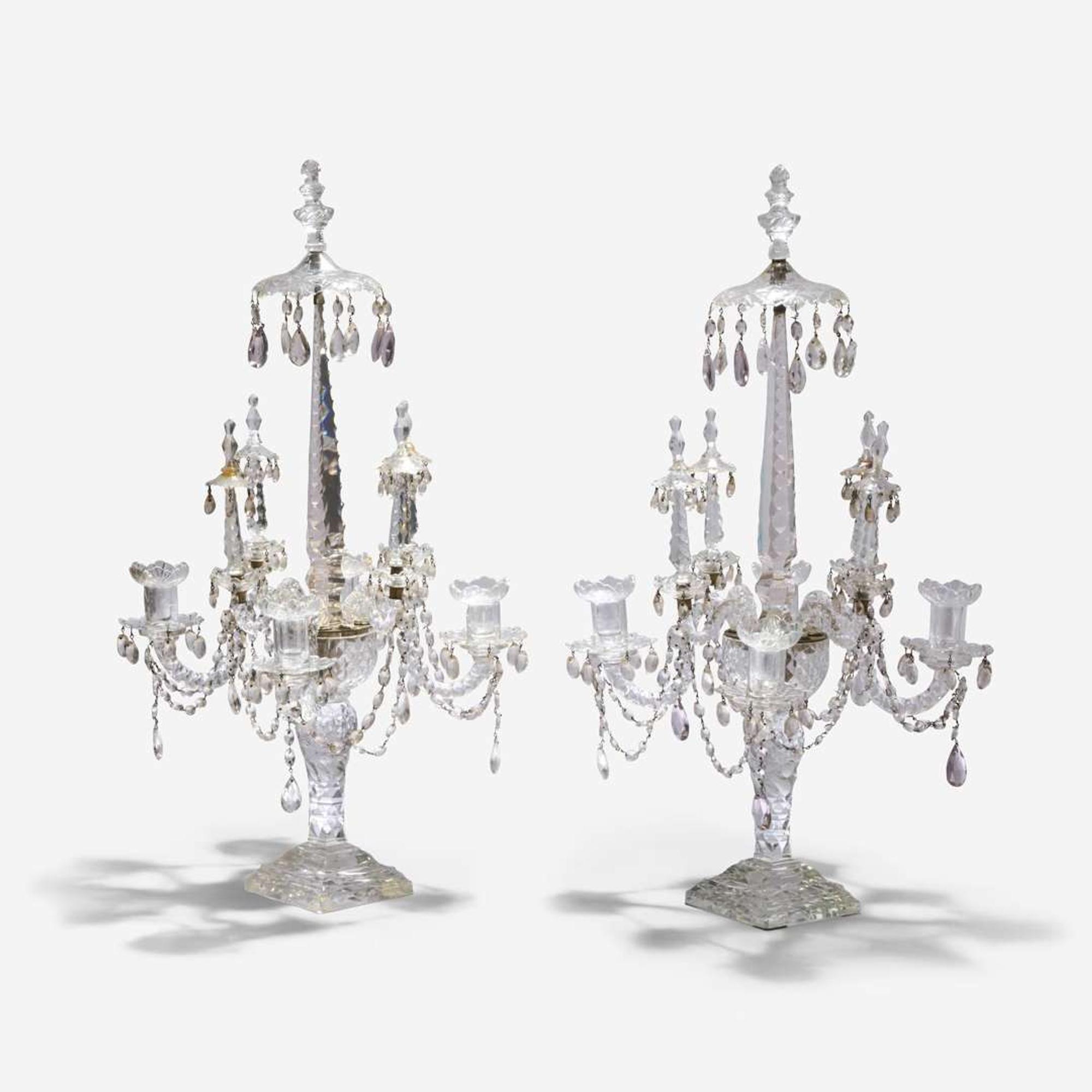 A pair of elaborate Georgian cut-glass four-light candelabra 18th or 19th century