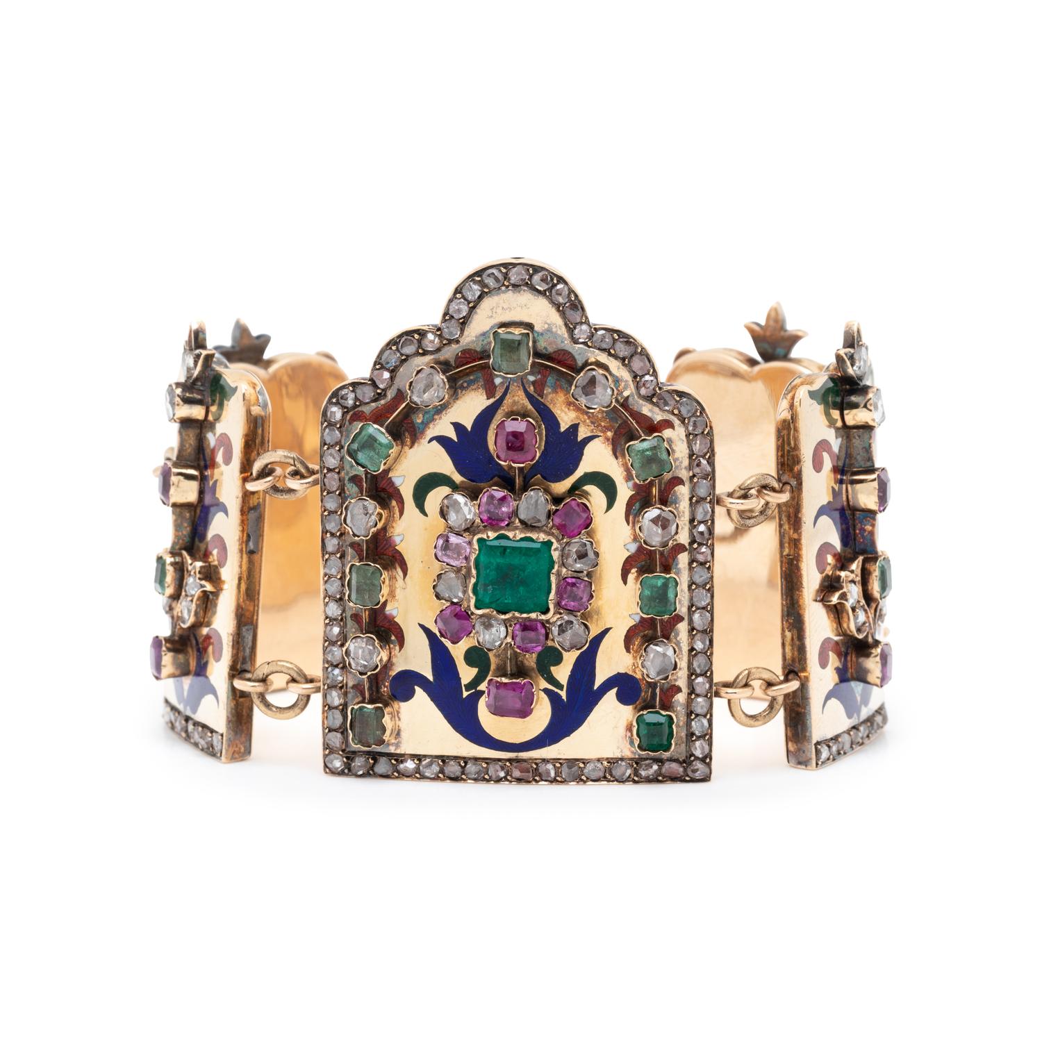 ANTIQUE, DIAMOND, MULTIGEM AND POLYCHROME ENAMEL BRACELET