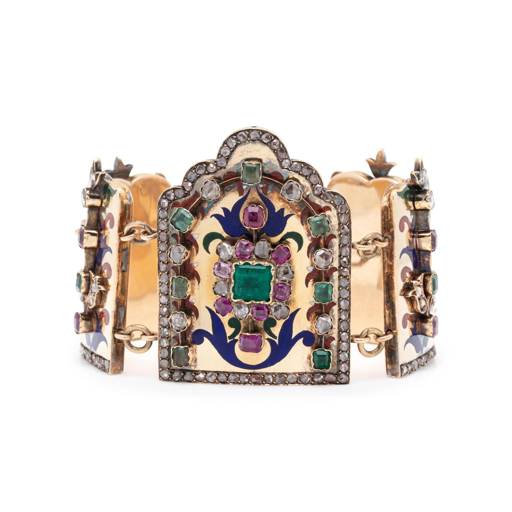 ANTIQUE, DIAMOND, MULTIGEM AND POLYCHROME ENAMEL BRACELET