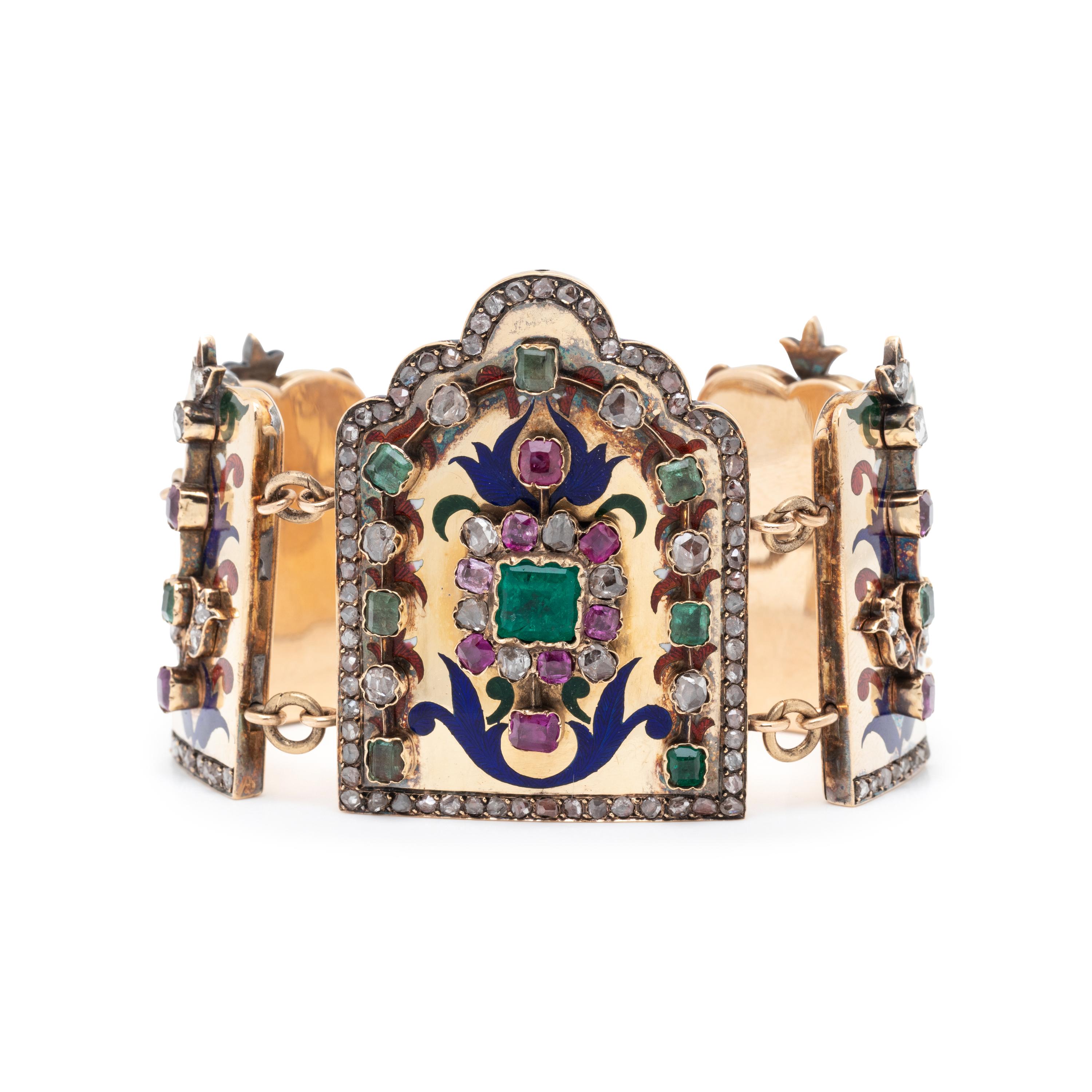 ANTIQUE, DIAMOND, MULTIGEM AND POLYCHROME ENAMEL BRACELET