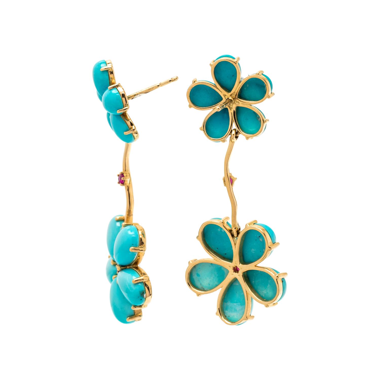 PAUL MORELLI, TURQUOISE AND RUBY FLOWER MOTIF EARRINGS