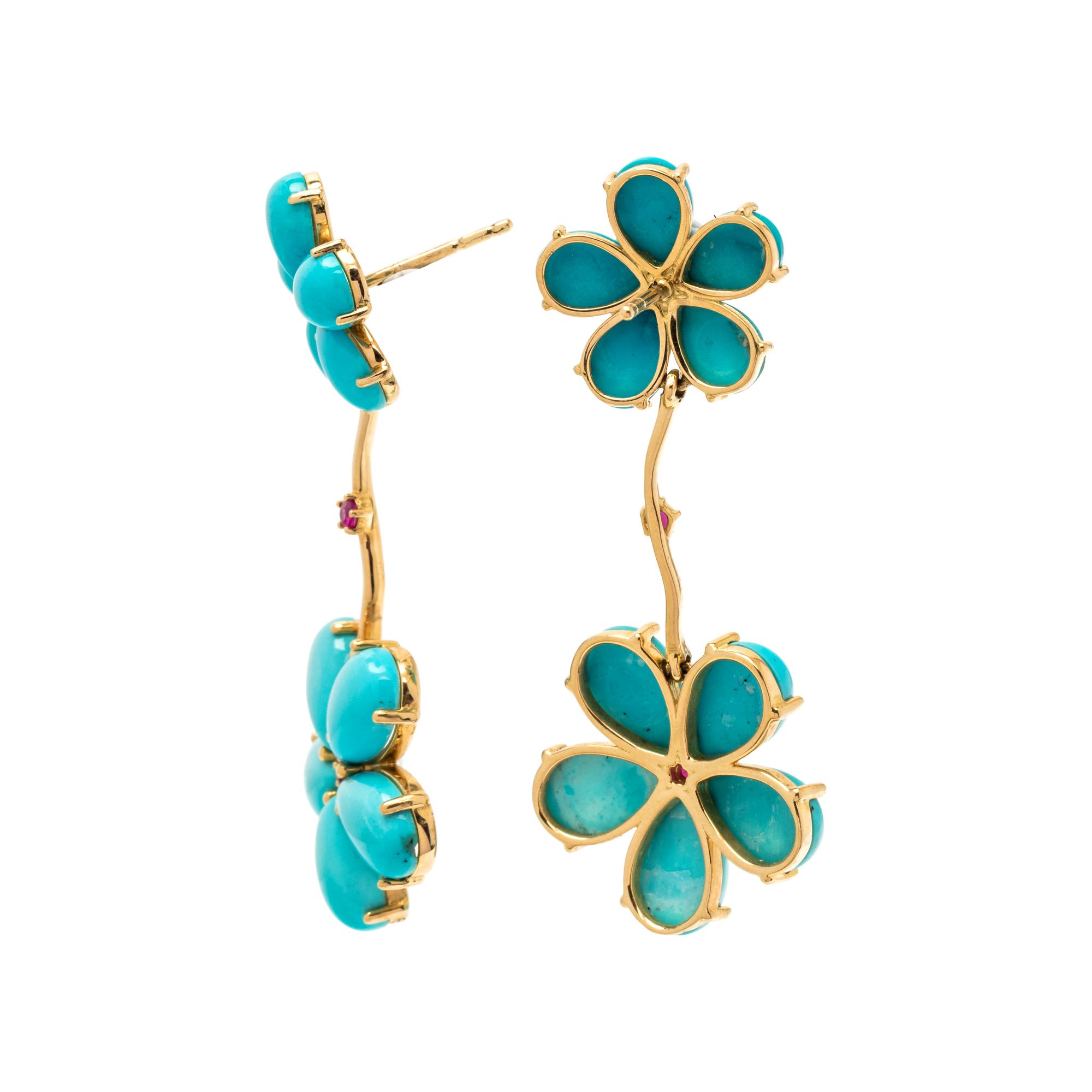 PAUL MORELLI, TURQUOISE AND RUBY FLOWER MOTIF EARRINGS