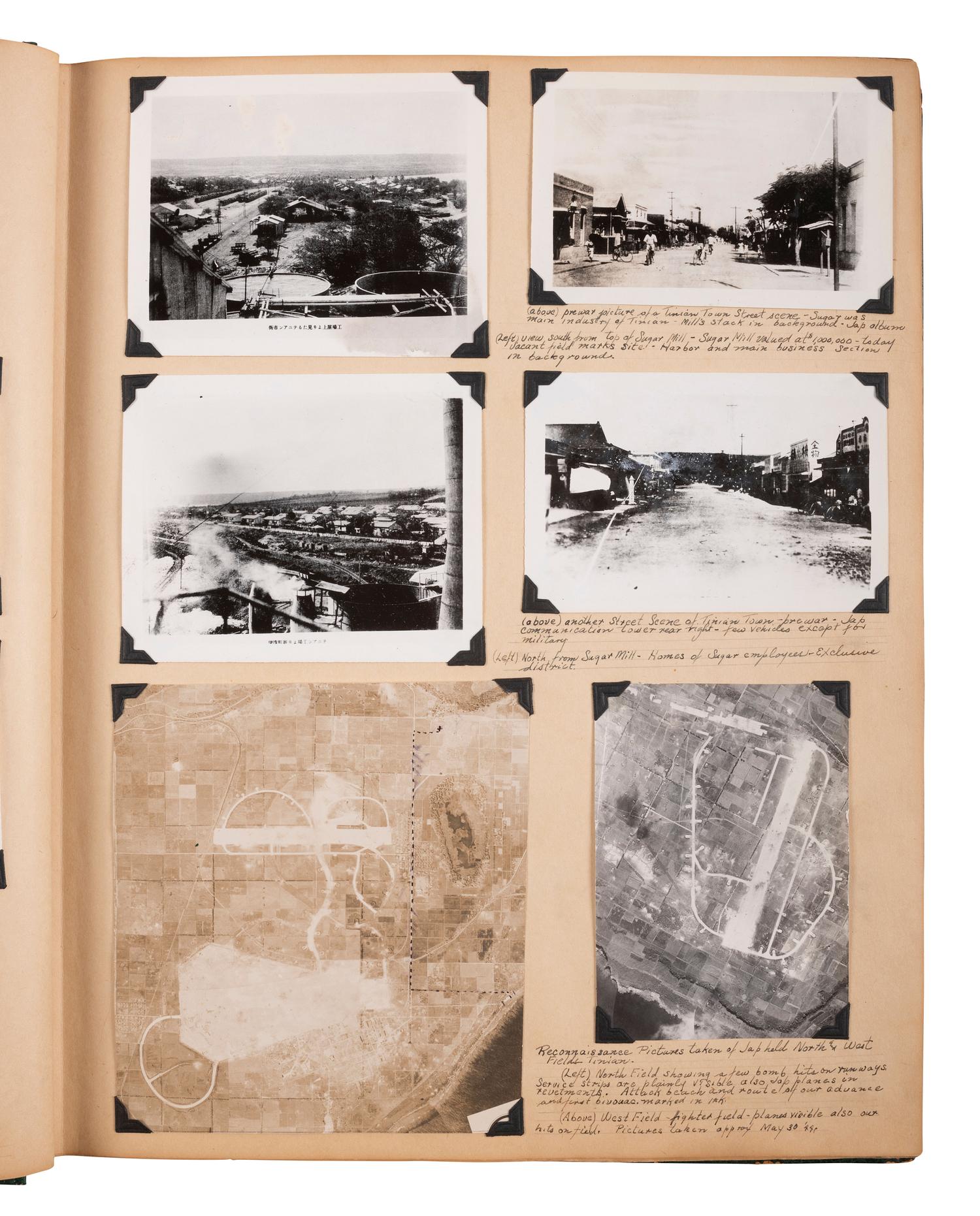 [WORLD WAR II]. Extensive US Navy album identified to James Sumner Douglass, Yeoman First Class, USS Lavaca, featuring pre-war and war-date photographs of Tinian Island, aerial reconnaissance, atomic bomb carriers, and more.