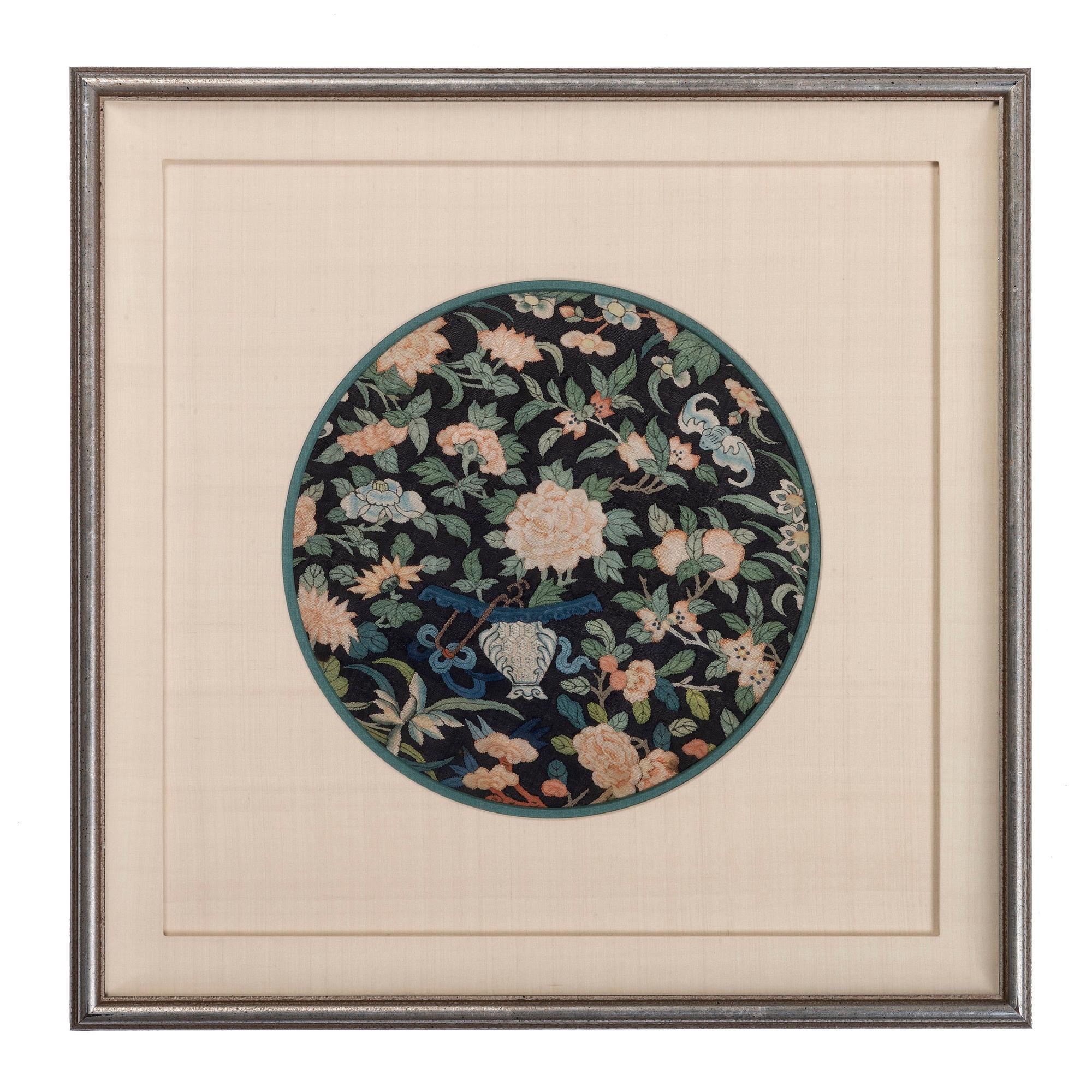 Four Blue Ground Kesi Woven Silk Circular Panels